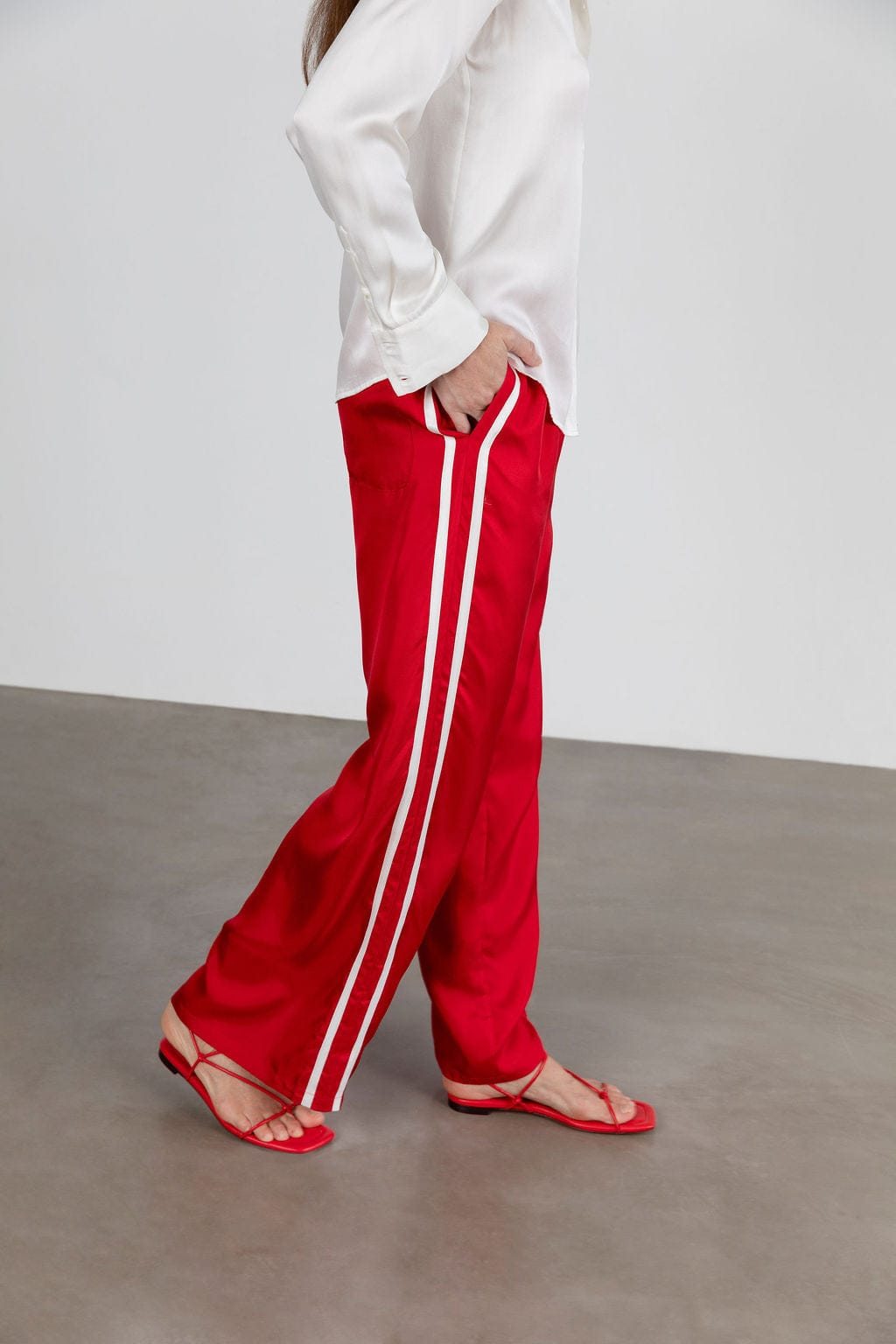 Sporty Silk Track Pants Red White Double Stripes - Twill Silk