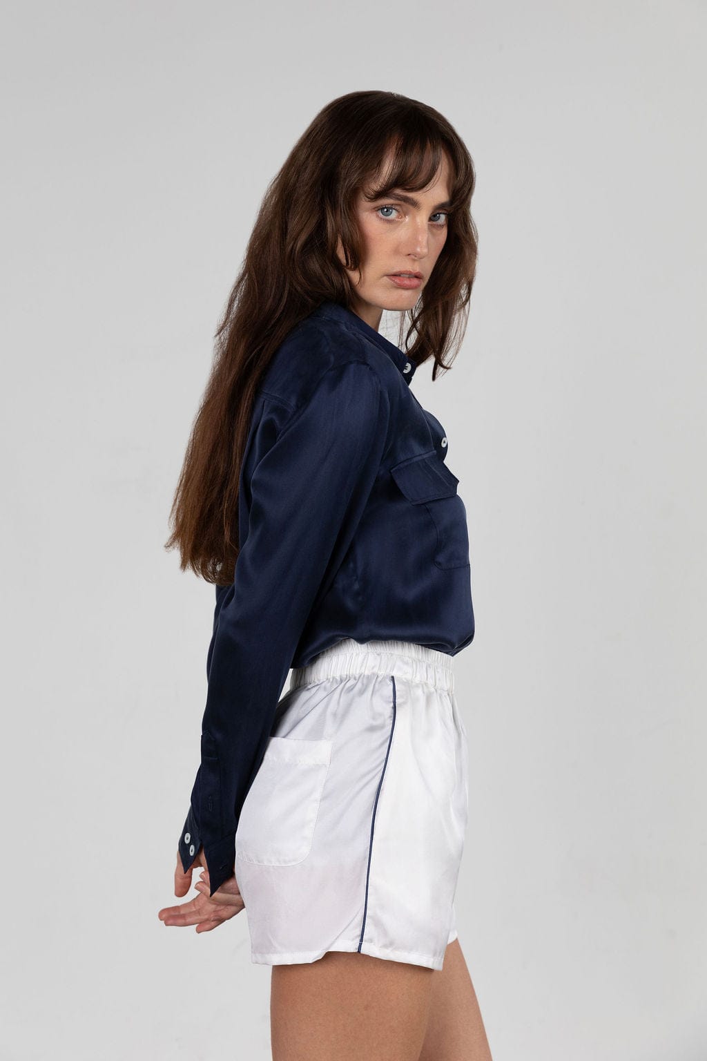 Sporty Silk Track Shorts White Navy Piping- Twill Silk