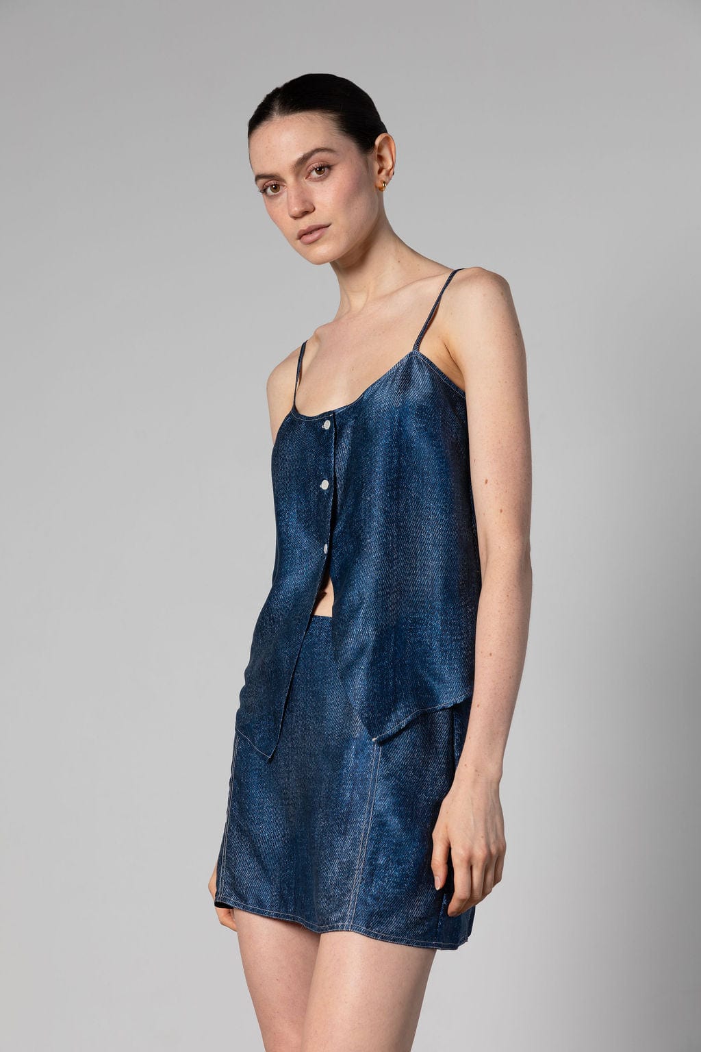 Cult Button Up Silk Camisole Top - Denim Silk