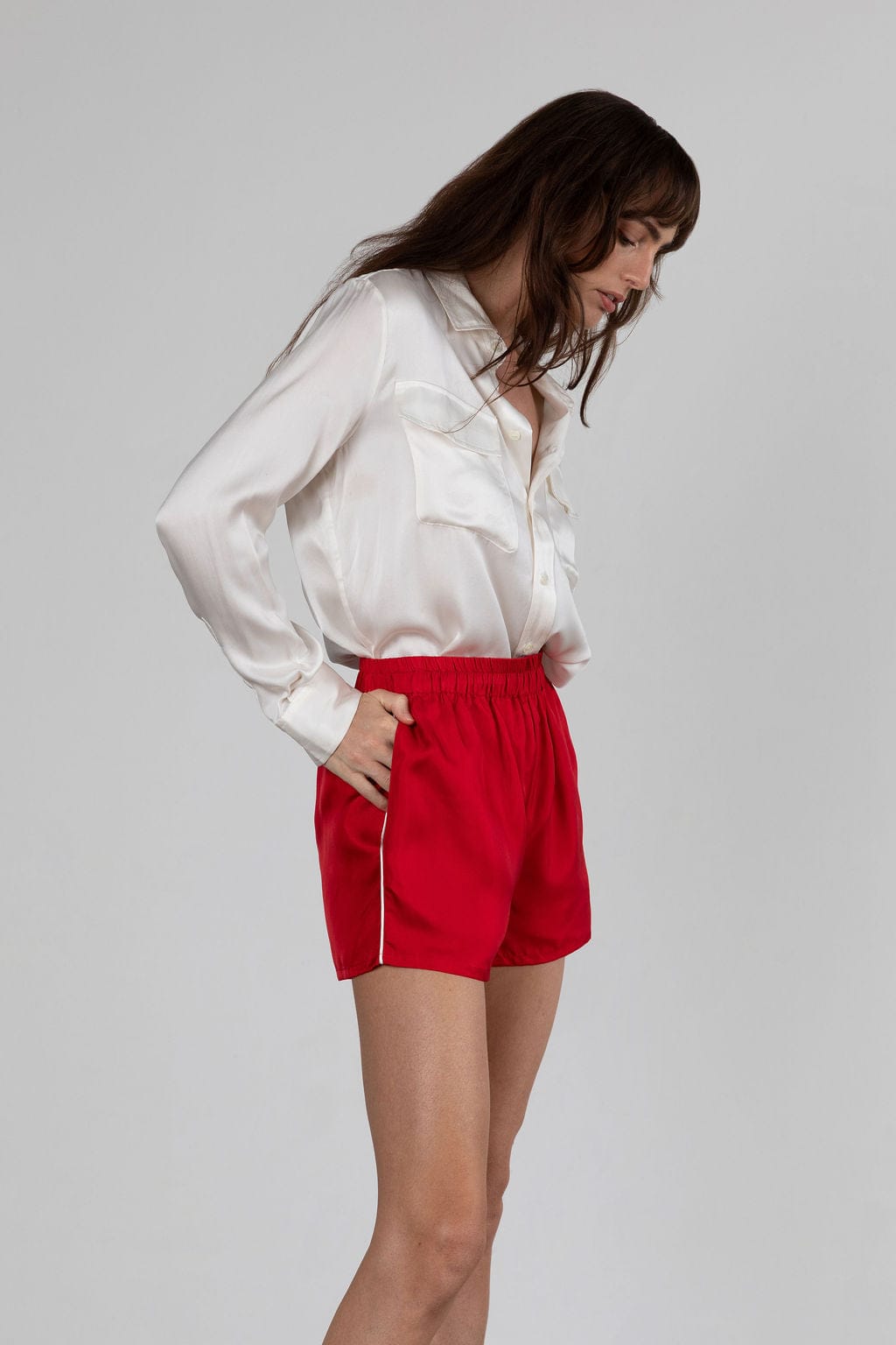 Sporty Silk Track Shorts Red White Piping- Twill Silk