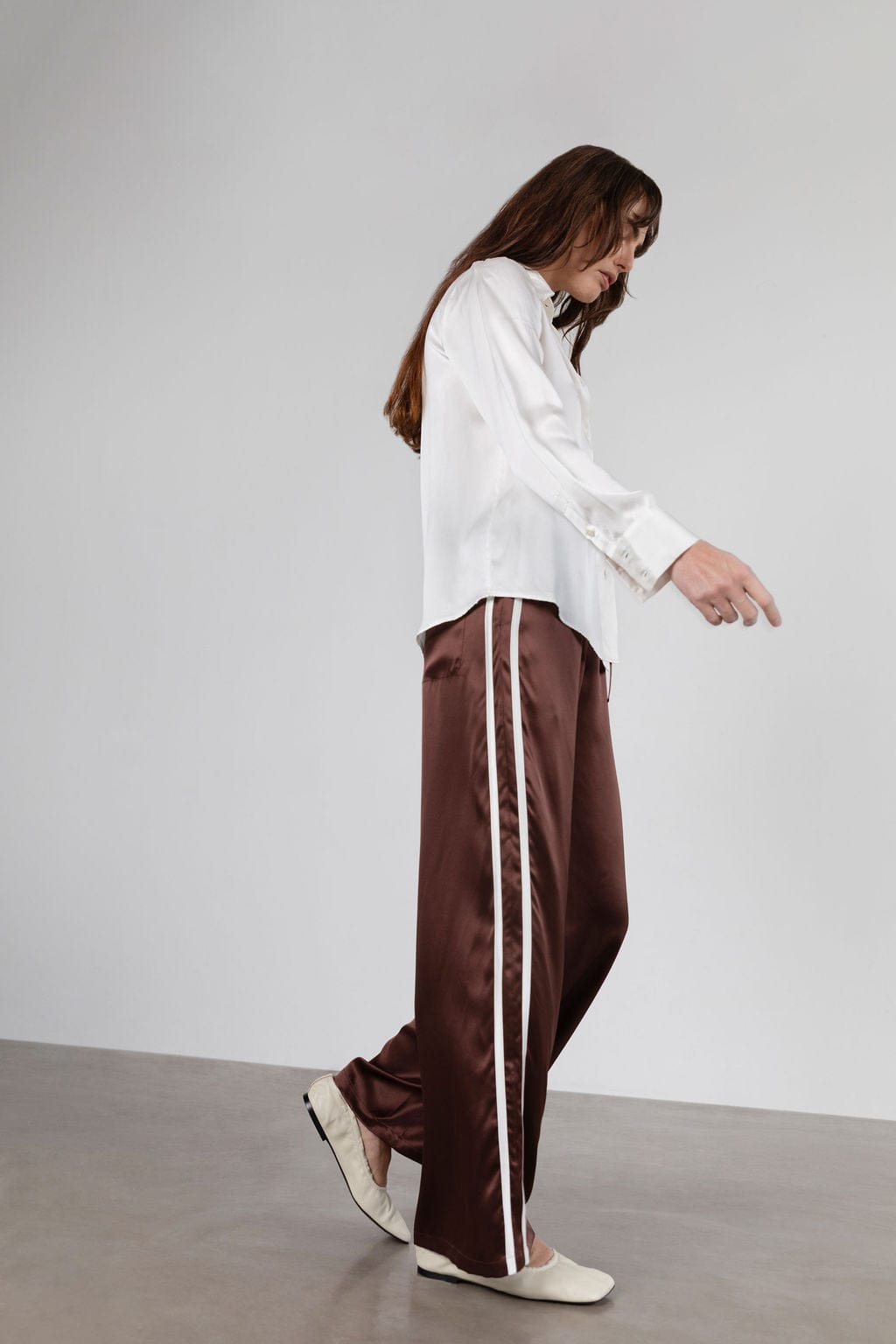 Sporty Silk Track Pants Espresso White Double Stripes - Atelier
