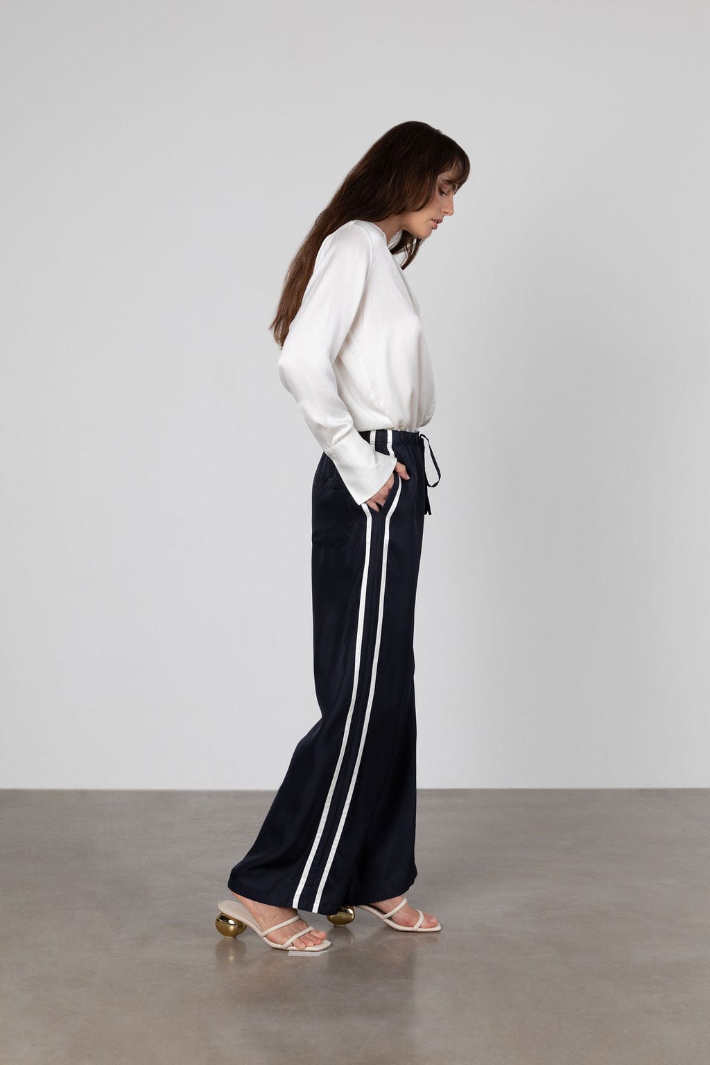 Sporty Silk Track Pants Navy Blue White Double Stripes- Twill Silk