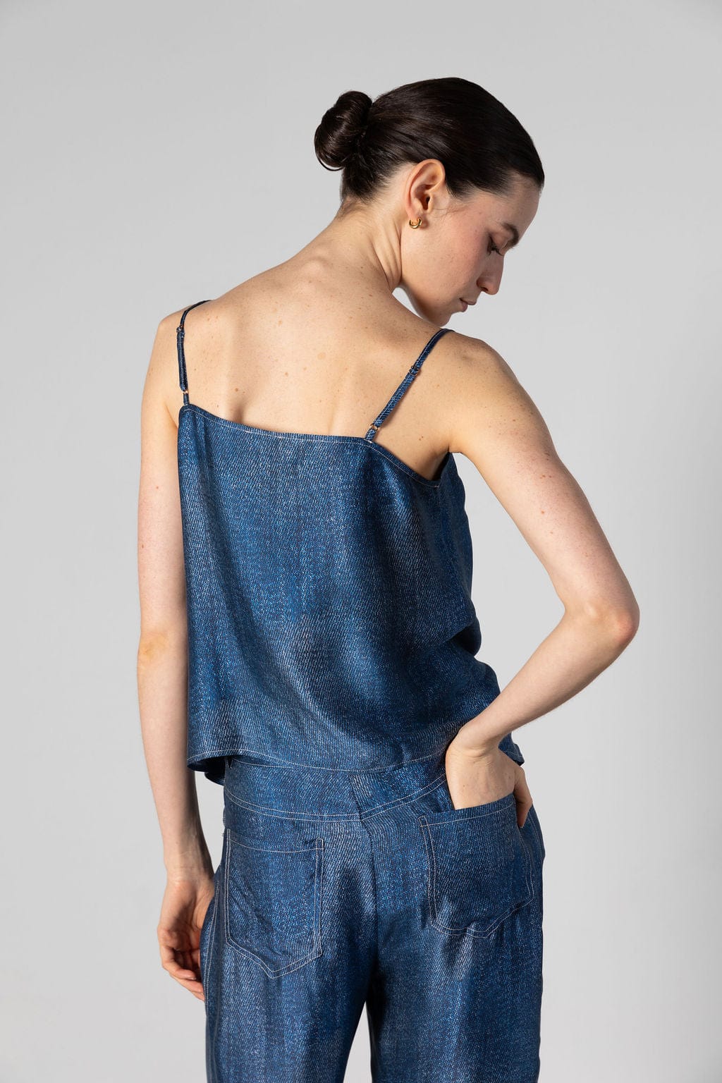 Cult Button Up Silk Camisole Top - Denim Silk