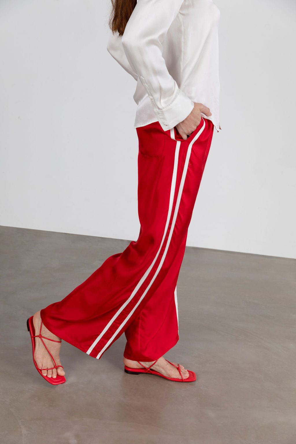 Sporty Silk Track Pants Red White Double Stripes - Twill Silk