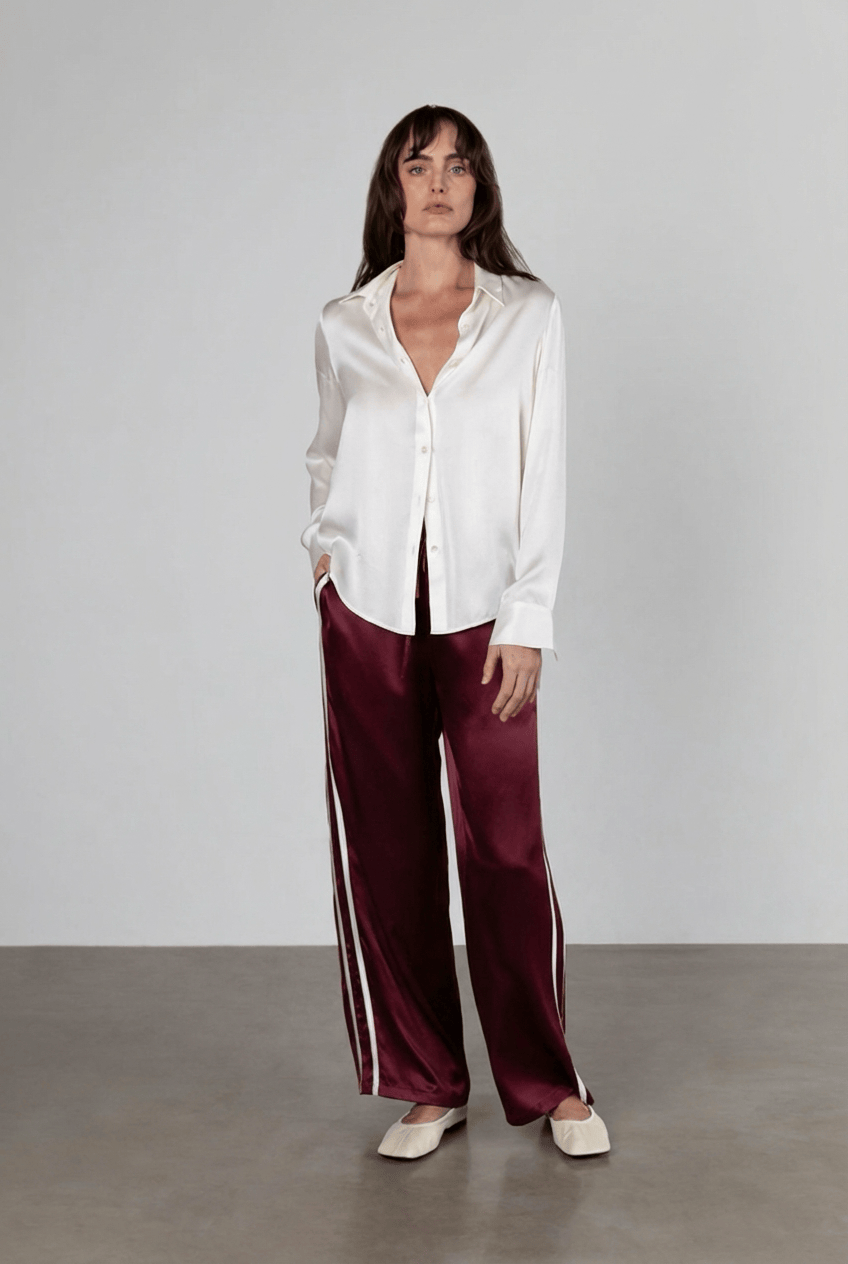 Sporty Silk Track Pants Espresso White Double Stripes - Atelier