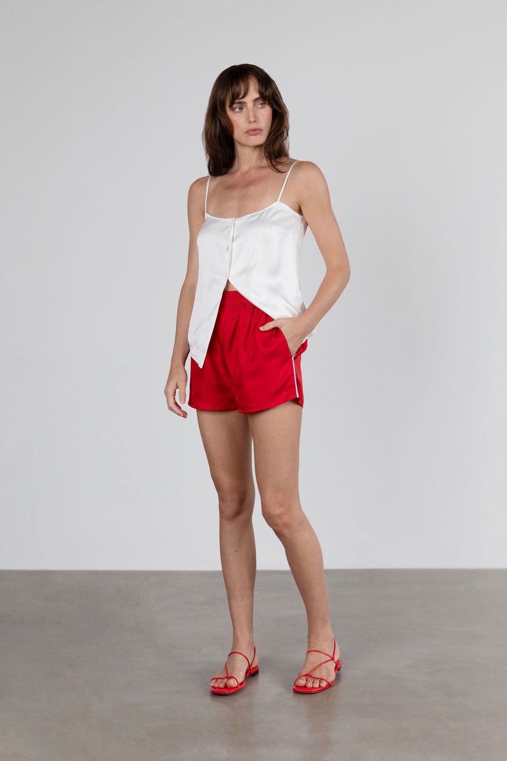 Sporty Silk Track Shorts Red White Piping- Twill Silk