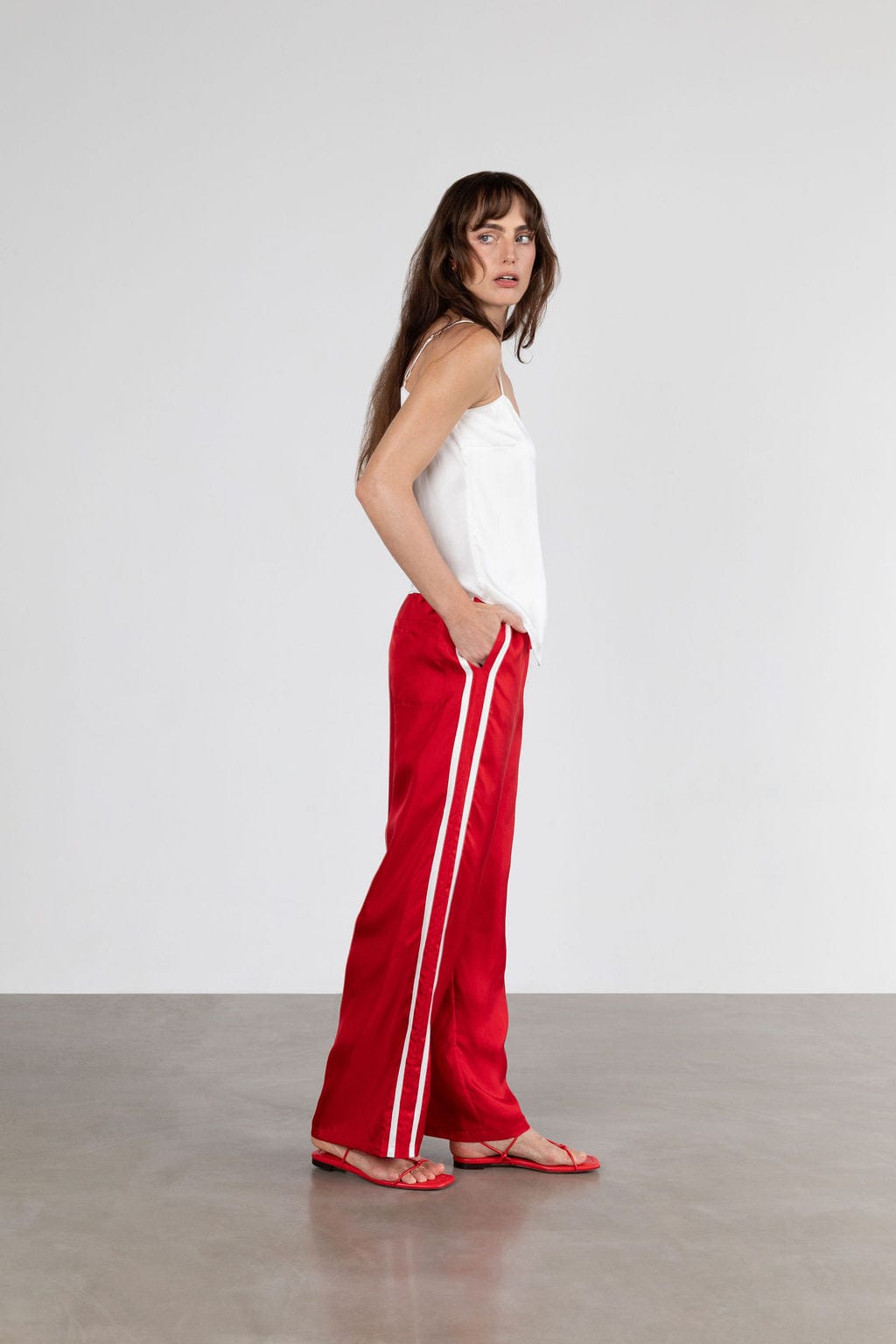 Sporty Silk Track Pants Red White Double Stripes - Twill Silk