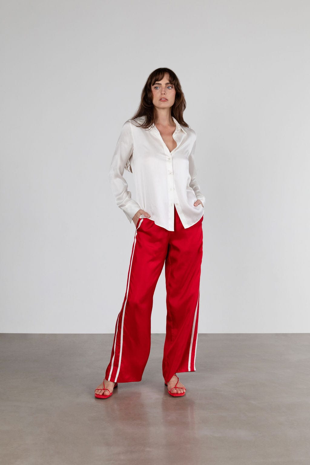 Sporty Silk Track Pants Red White Double Stripes - Twill Silk