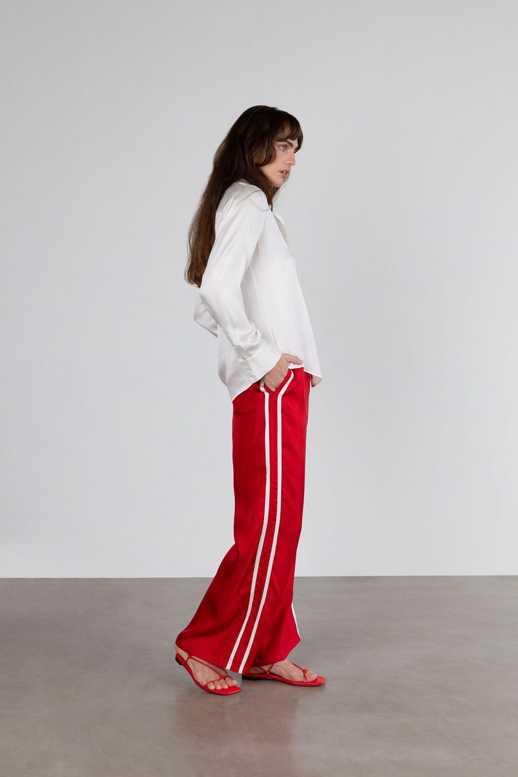 Sporty Silk Track Pants Red White Double Stripes - Twill Silk