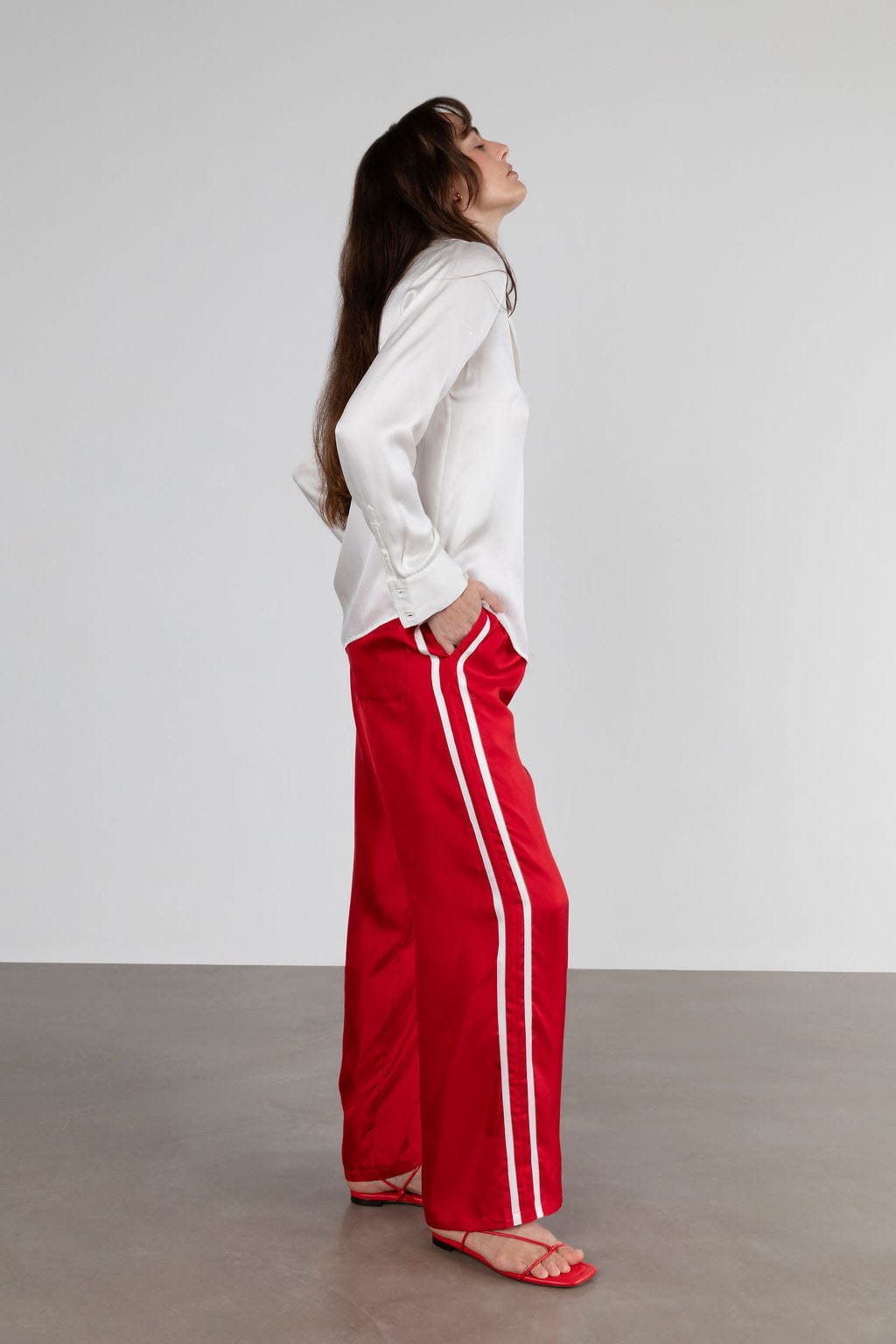 Sporty Silk Track Pants Red White Double Stripes - Twill Silk