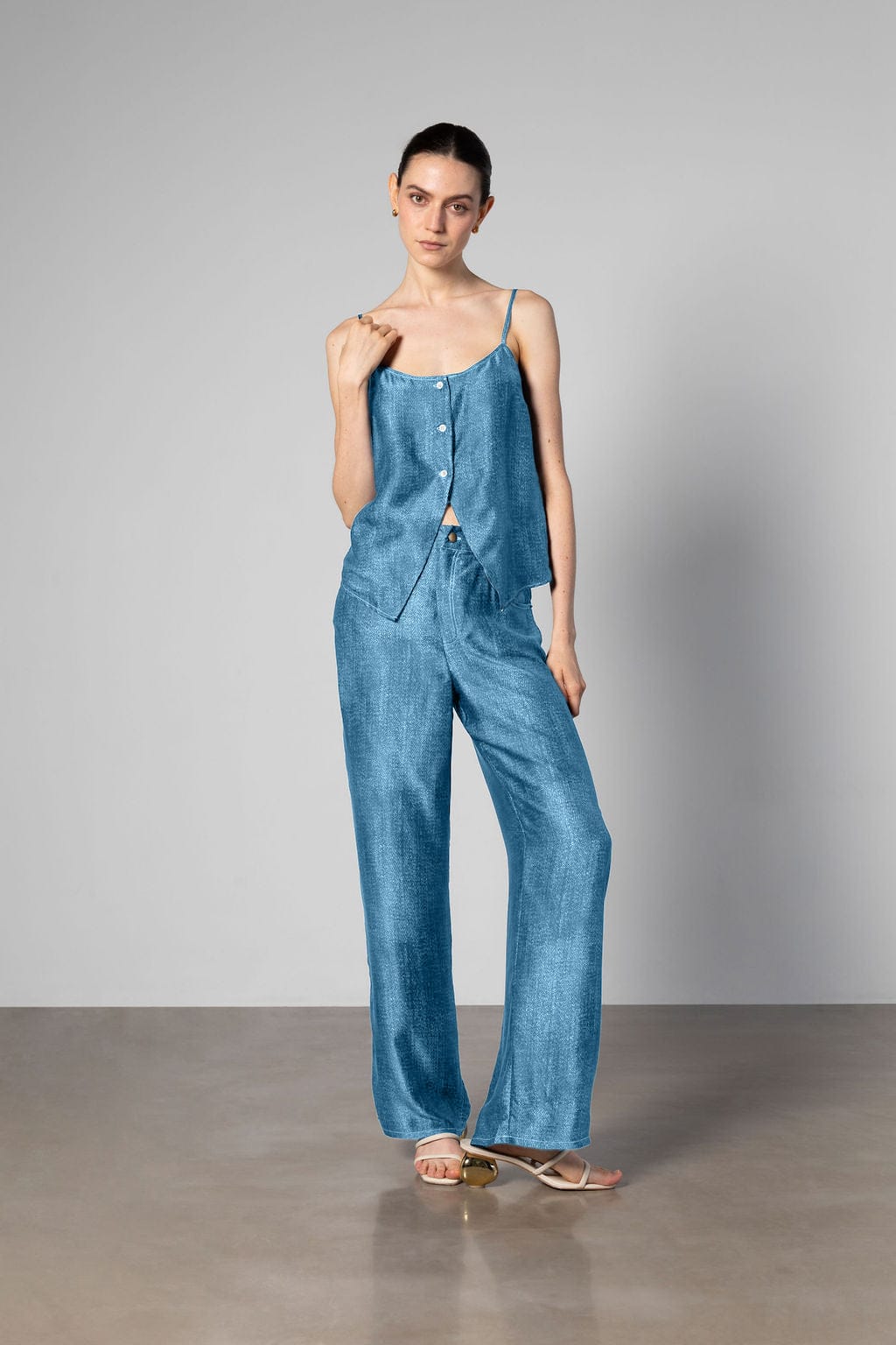 Cult Button Up Silk Camisole Top - Light Denim