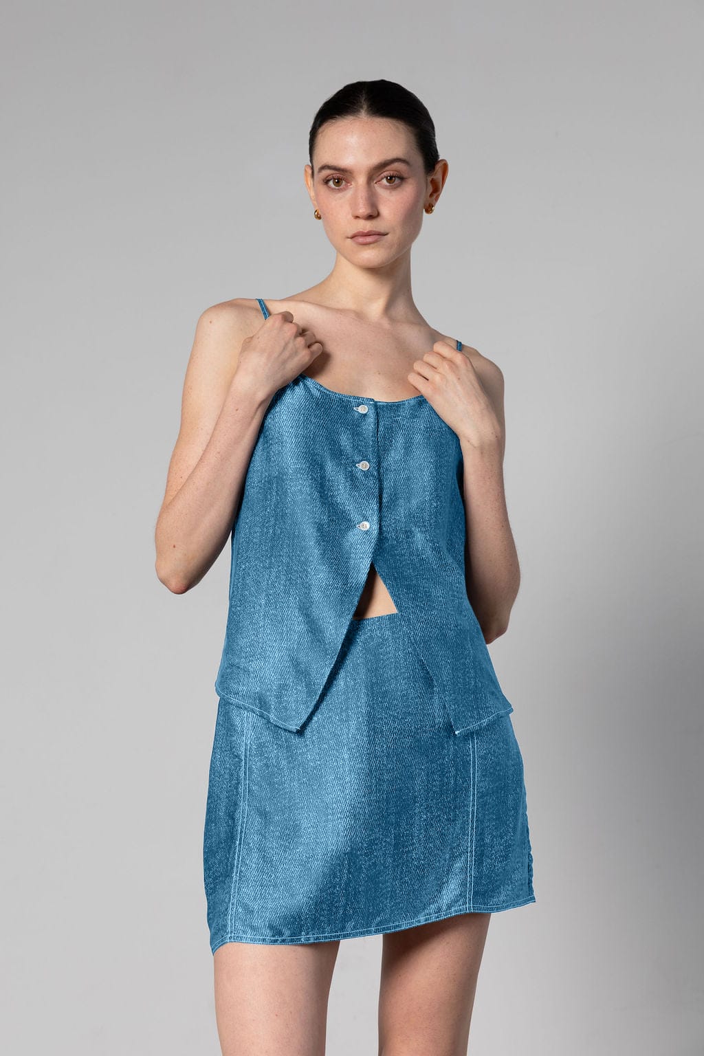 Cult Button Up Silk Camisole Top - Light Denim