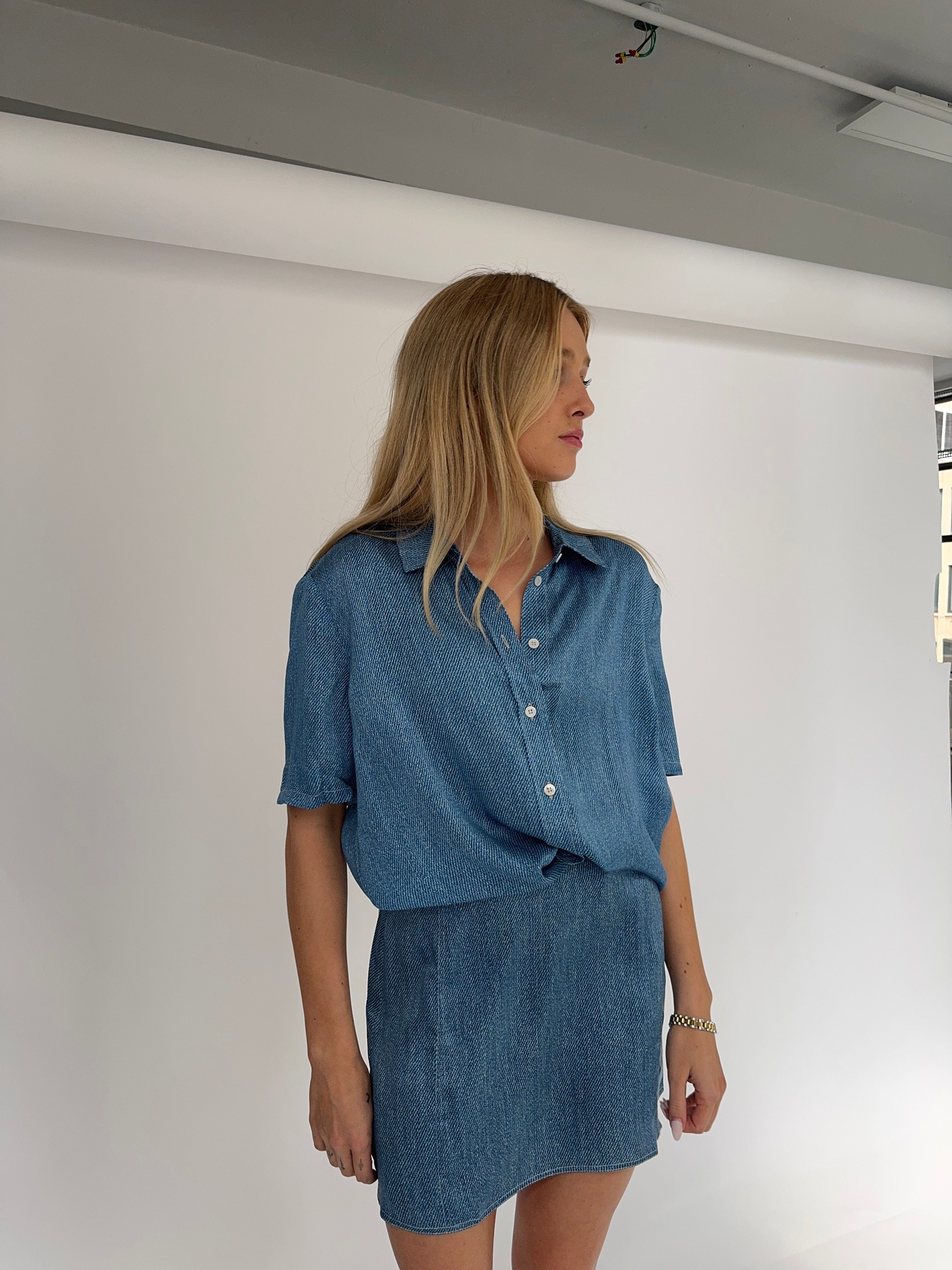 Denim Print 100% Silk Mini Skirt