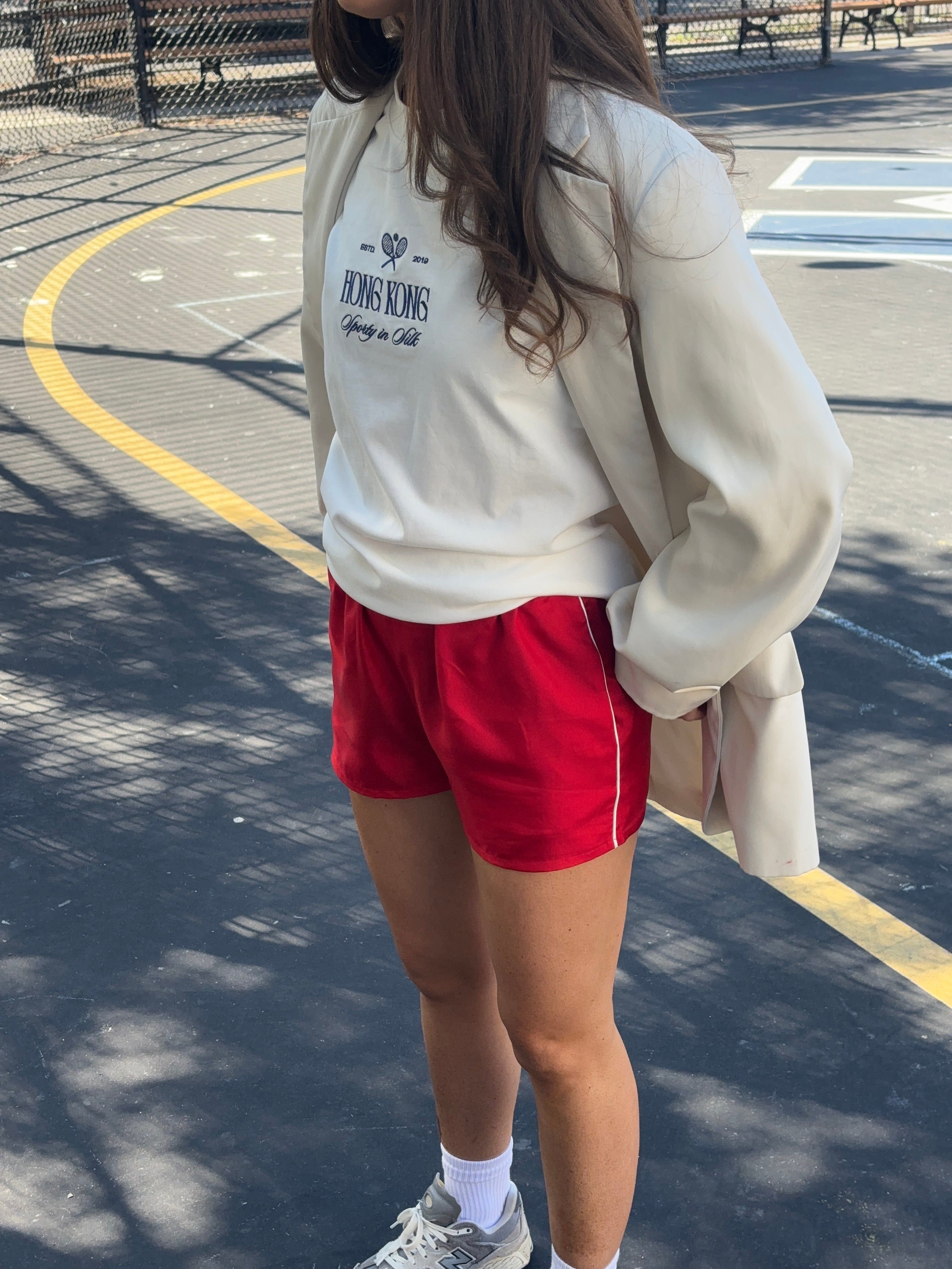 Sporty Silk Track Shorts Red White Piping- Twill Silk