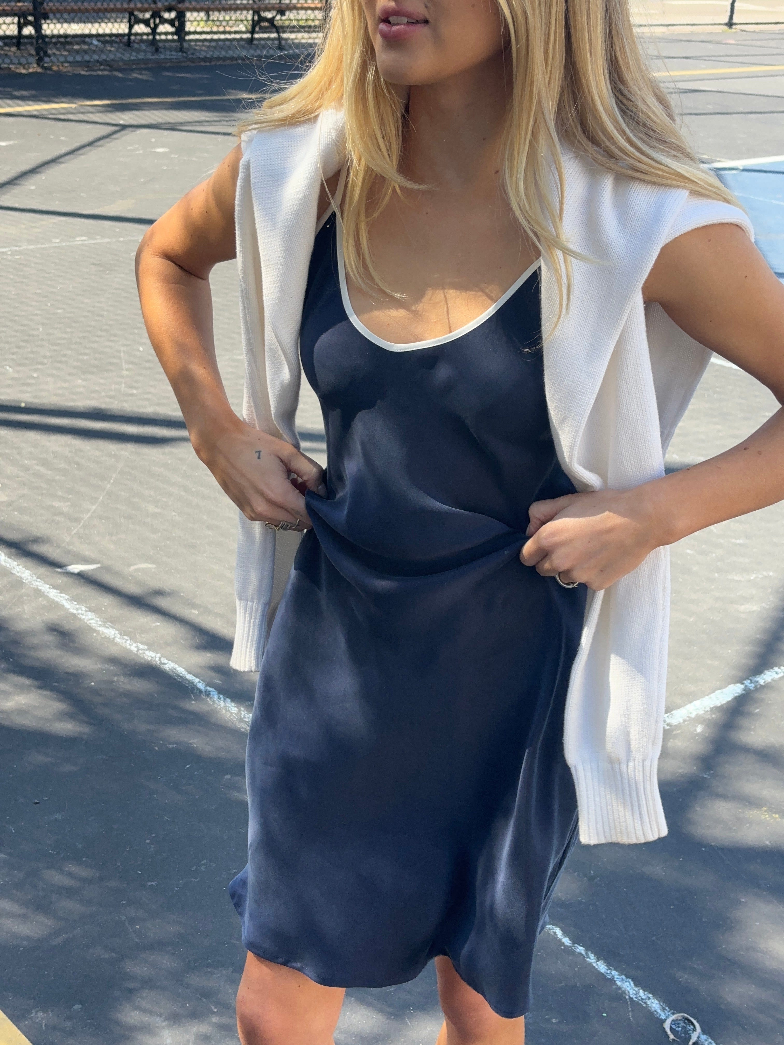 Sporty In Silk Mini Slip - Navy White Stripes