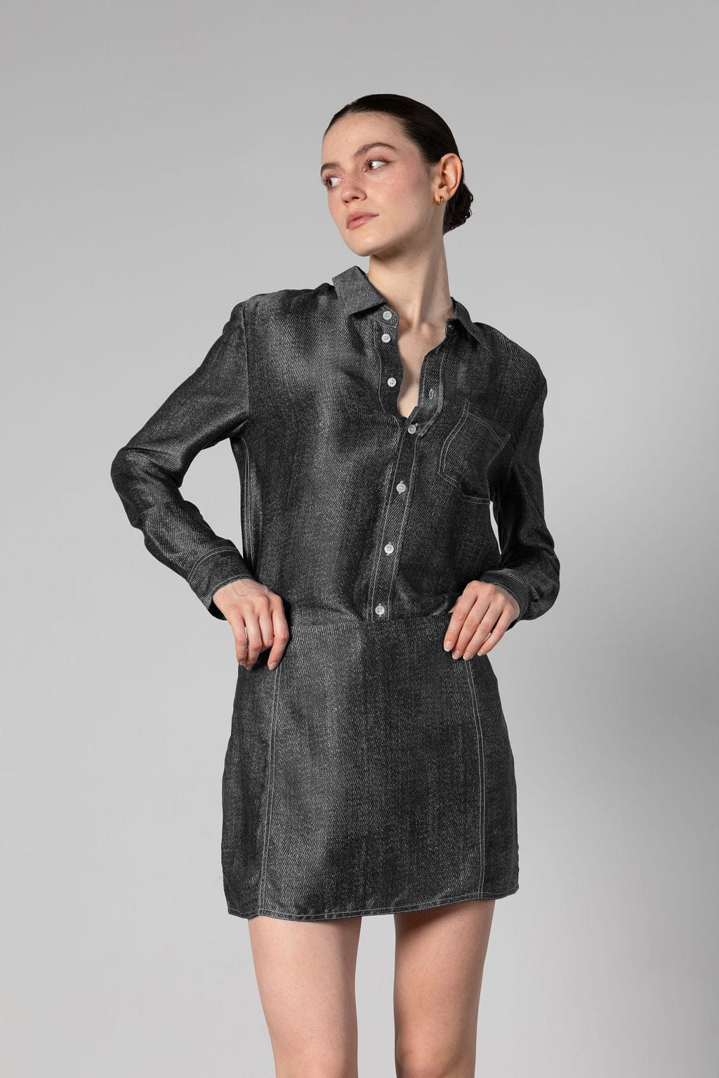 Denim Print Silk Mini Skirt - Black Denim