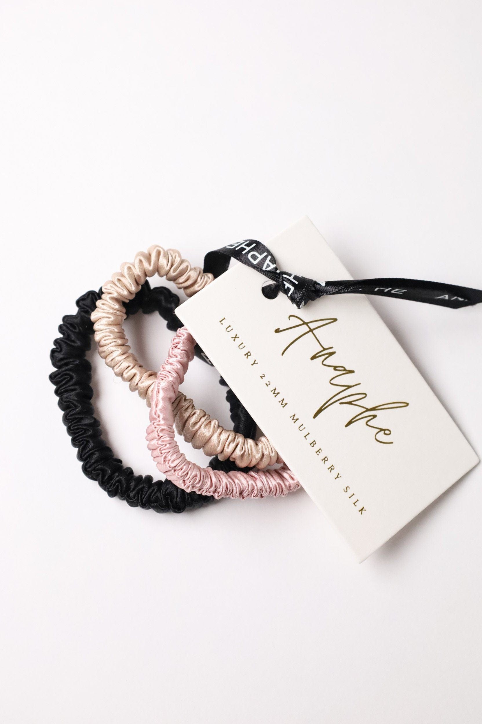 Anaphe Additions Multi Colour Set (Blush Pink Champagne Classic Black) Classic Colours Silk Skinny Hair Tie Multipack