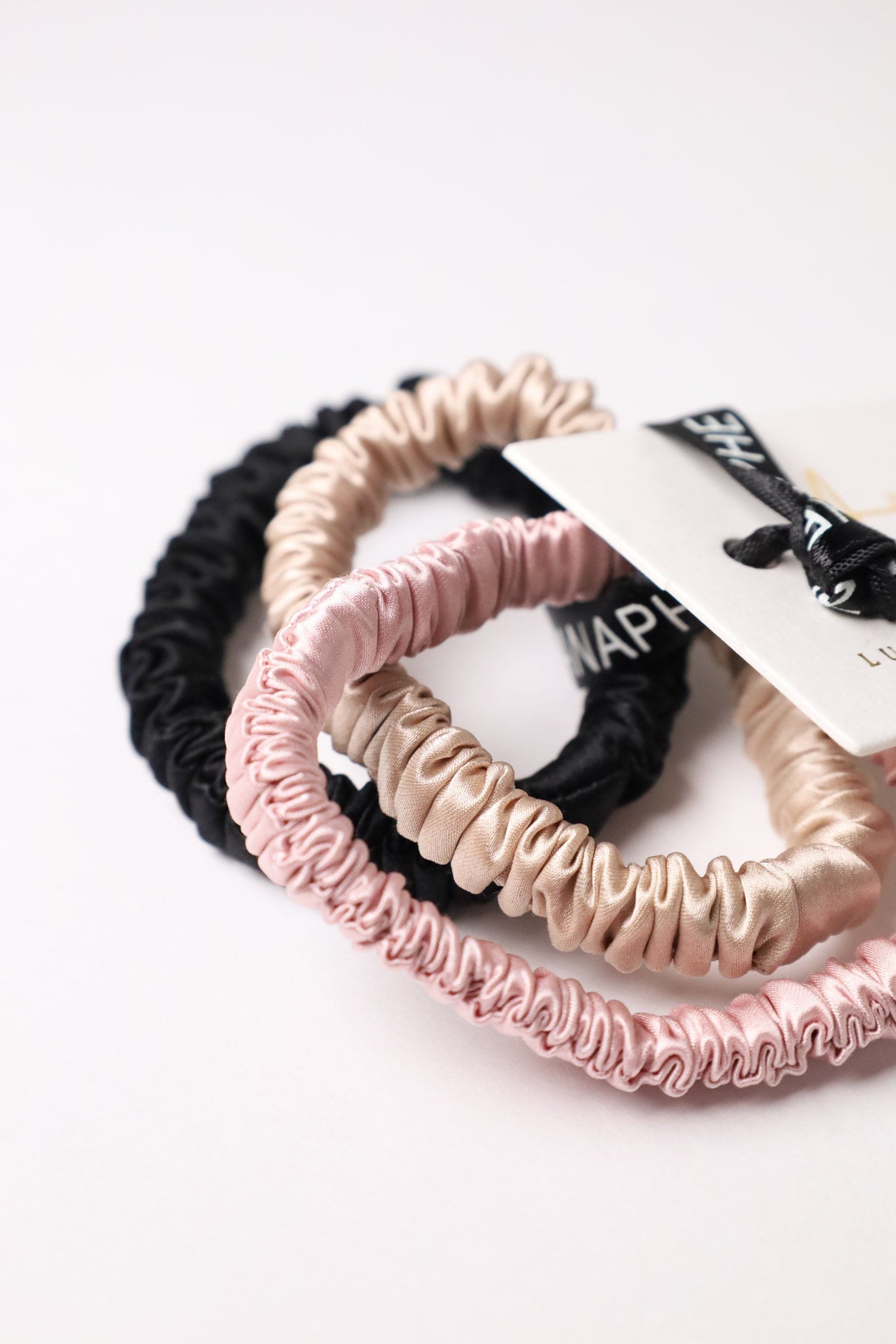 Anaphe Additions Multi Colour Set (Blush Pink Champagne Classic Black) Classic Colours Silk Skinny Hair Tie Multipack