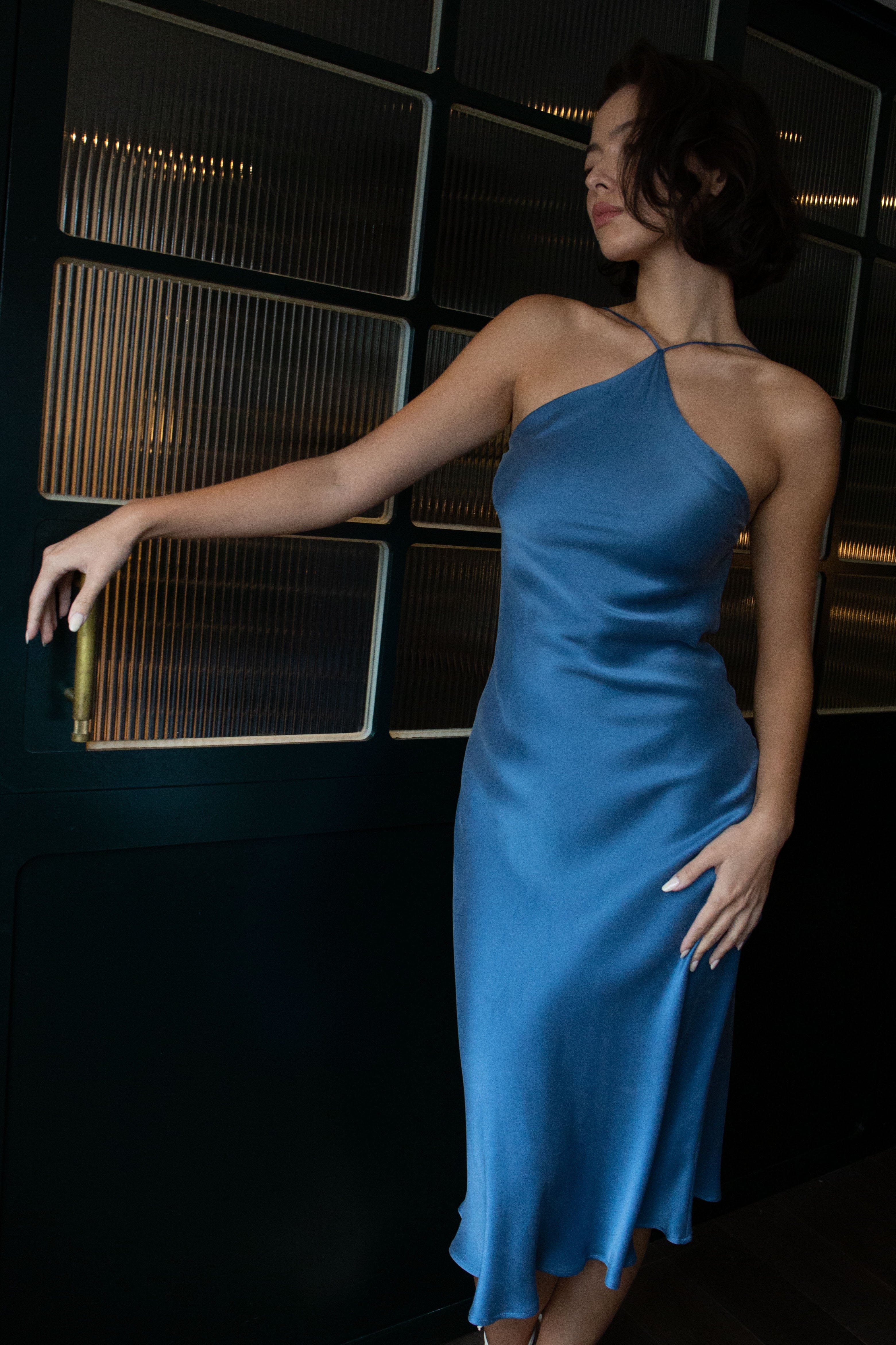 Anaphe Backless Dress 00's Backless Silk Halter Dress - Dusk Blue
