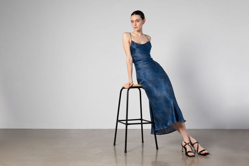Anaphe Backless Dress Nova Cowl Slip Dress - Denim Print