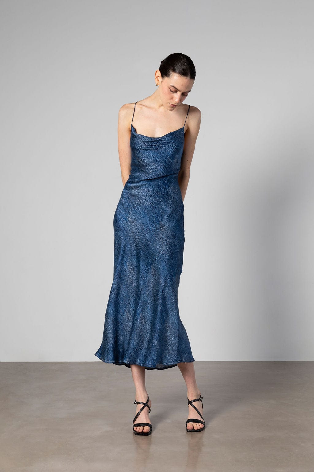Anaphe Backless Dress Nova Cowl Slip Dress - Denim Print
