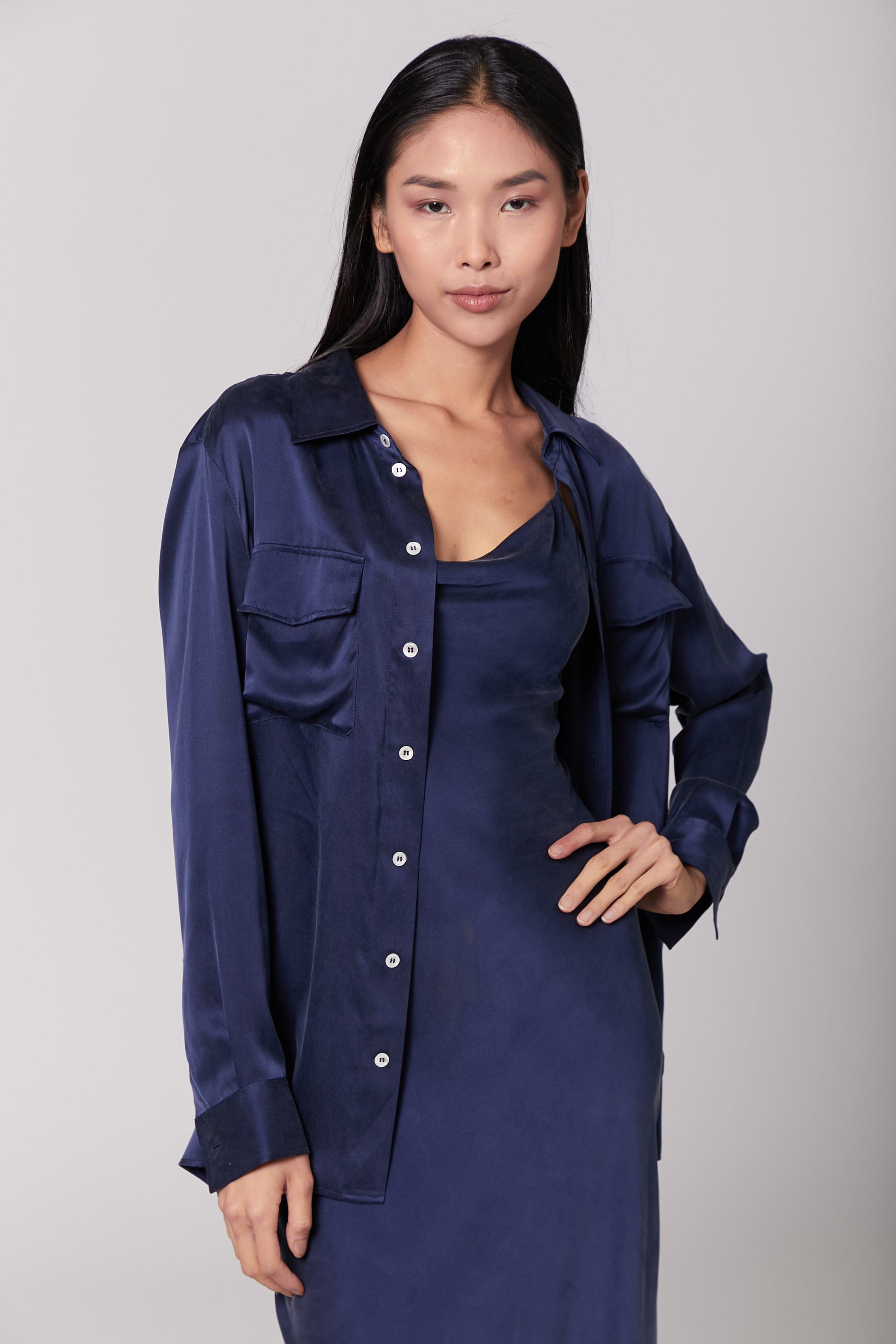 Anaphe Backless Dress Nova Dress Silk Open Back Slip - French Navy blue