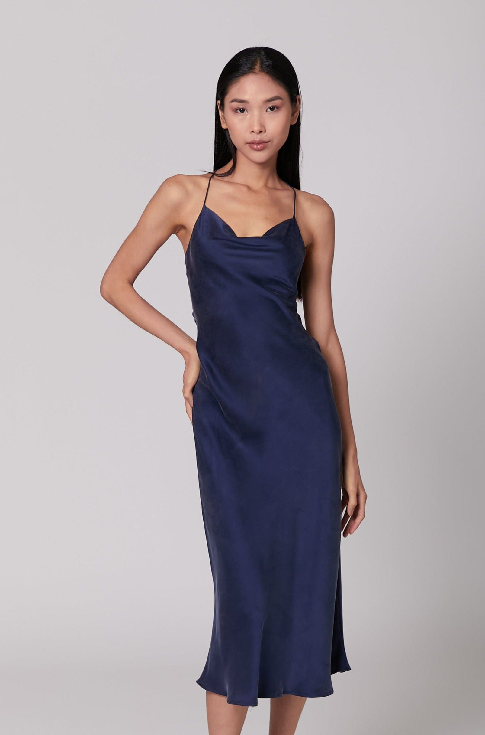Anaphe Backless Dress Nova Dress Silk Open Back Slip - French Navy blue
