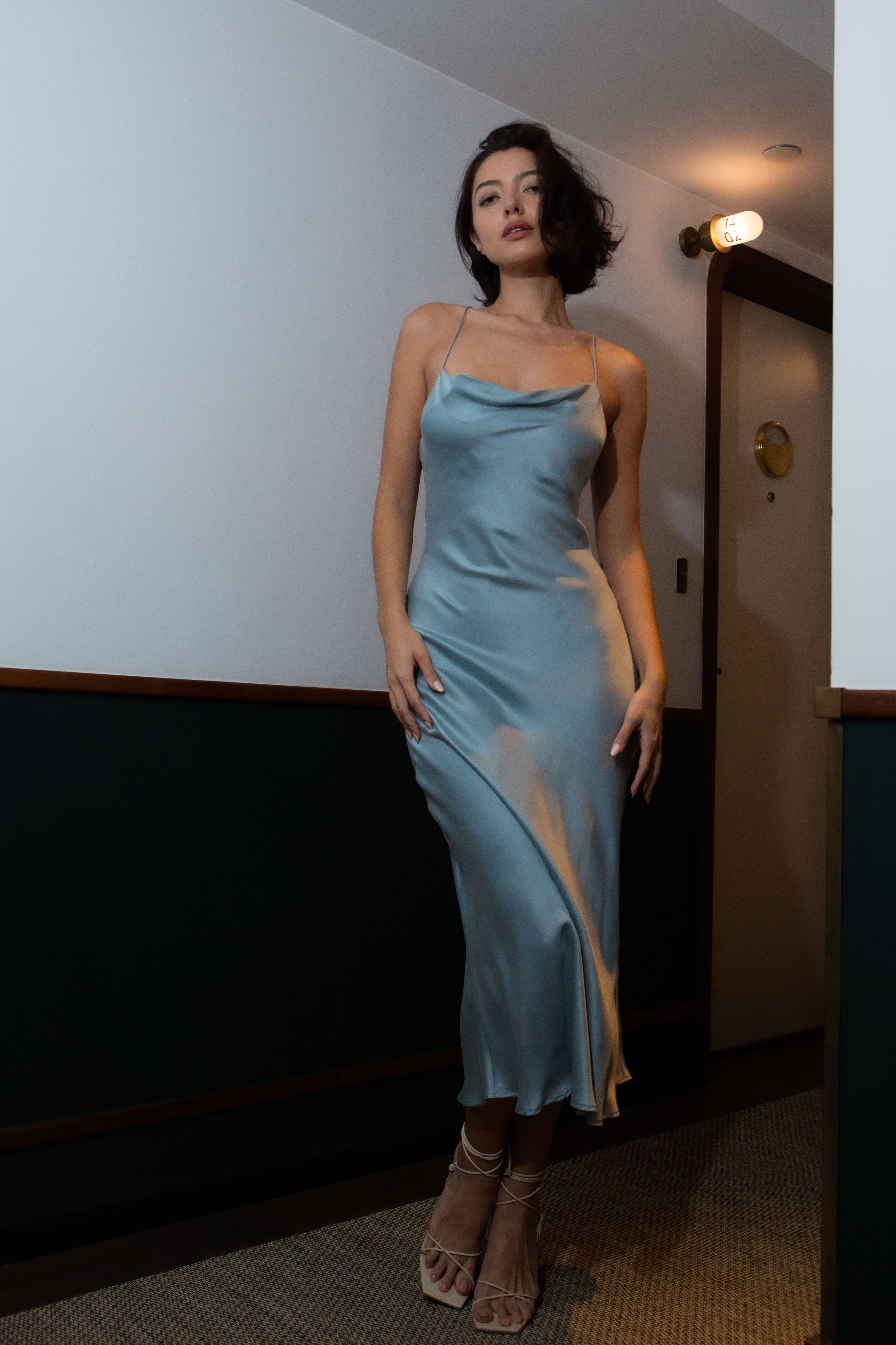 Anaphe Backless Dress Nova Dress Silk Open Back Slip - Morning Mist Blue