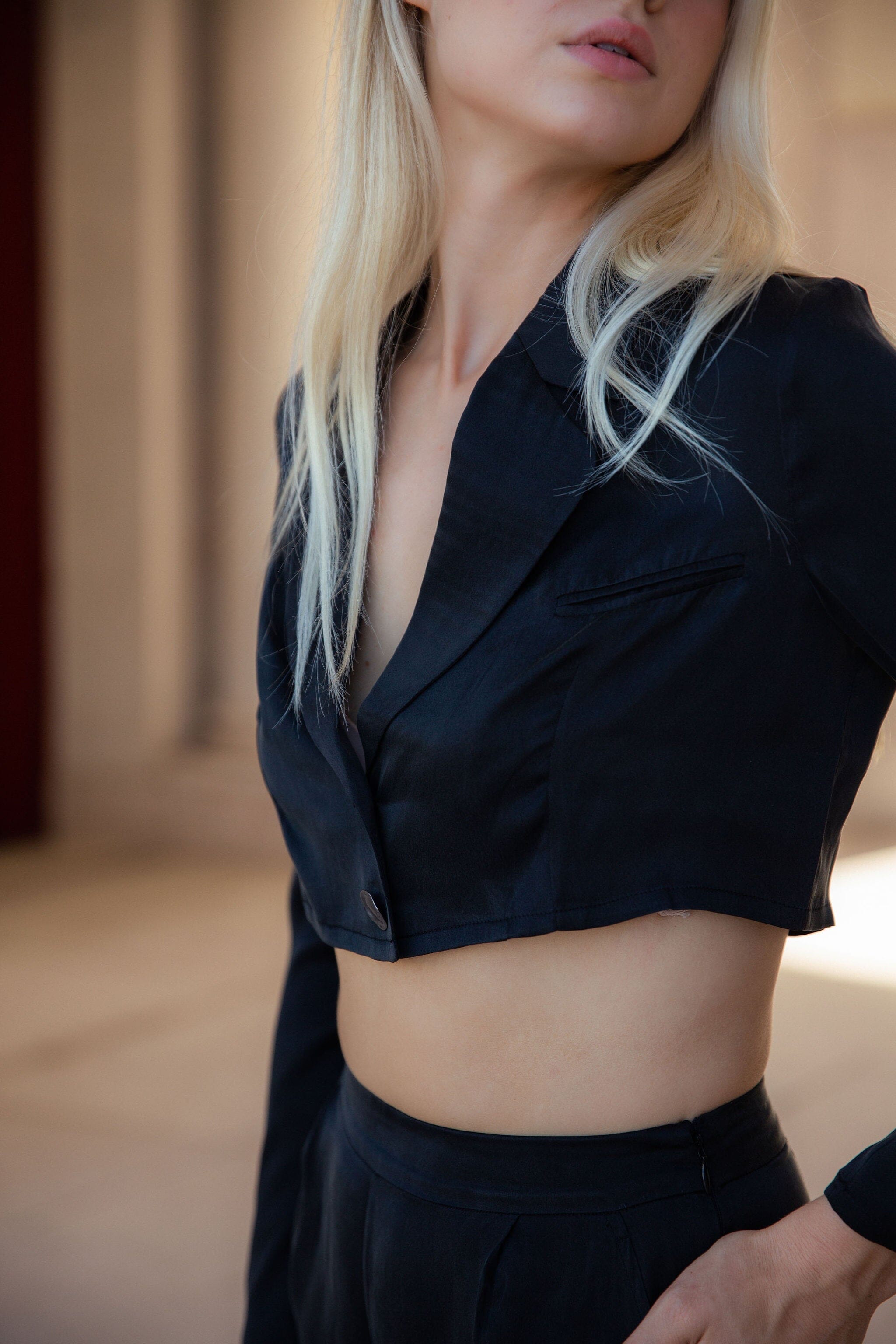 Anaphe Blazers Cropped Ultra Light Weight Silk Blazer - Classic Black