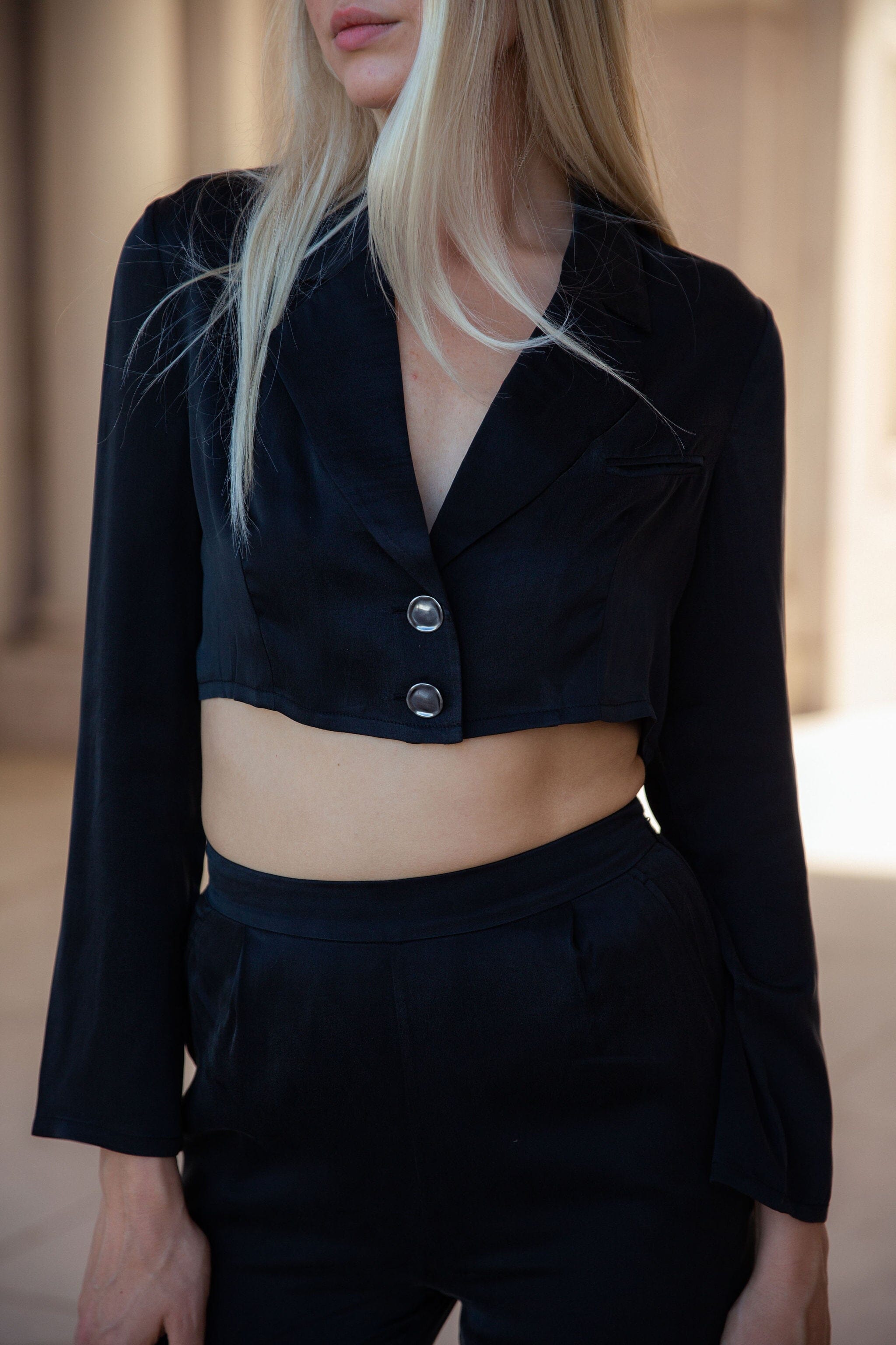 Anaphe Blazers Cropped Ultra Light Weight Silk Blazer - Classic Black
