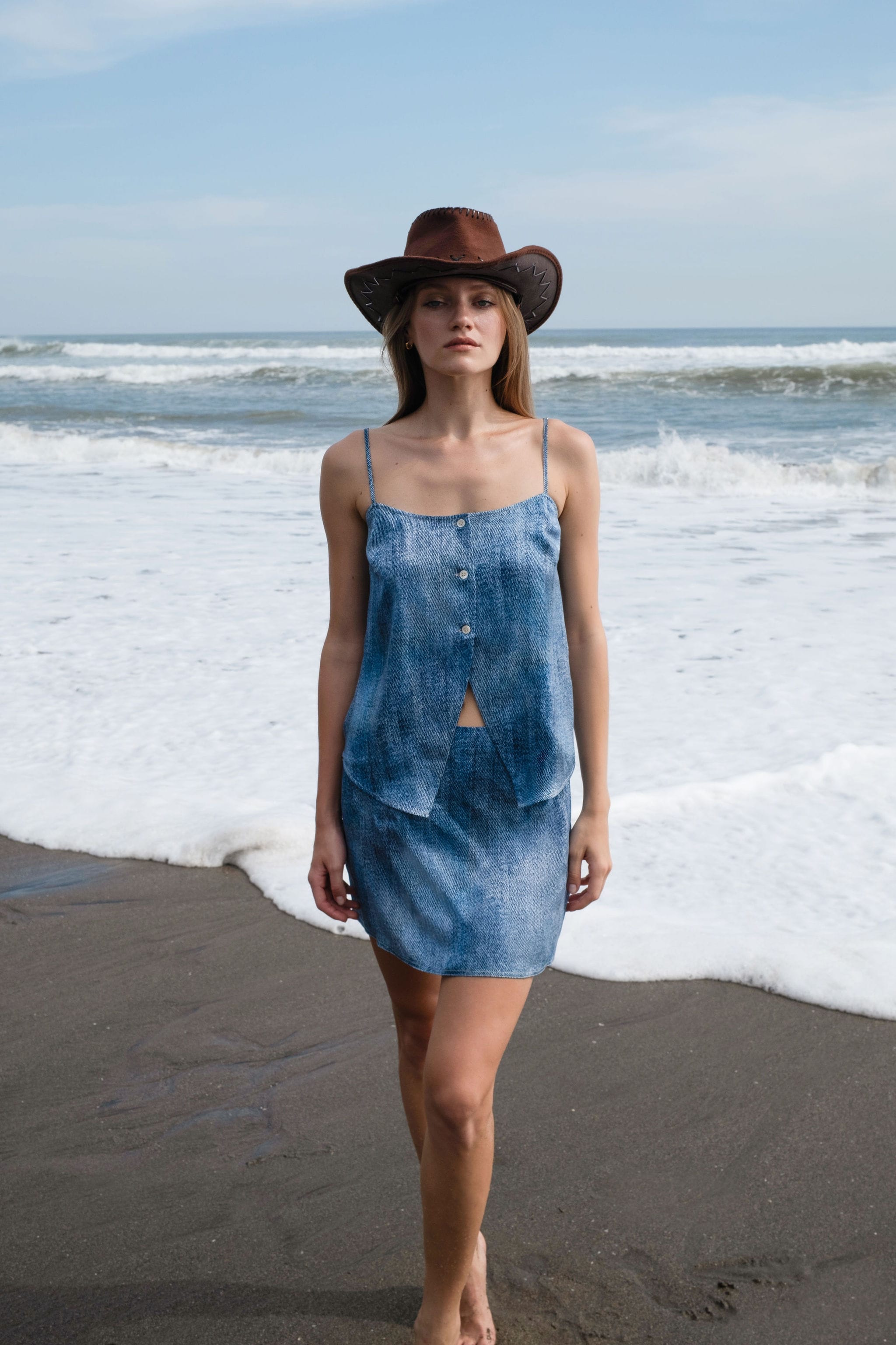 Anaphe Camisole Cult Button Up Silk Camisole Top - Indigo Acid Denim