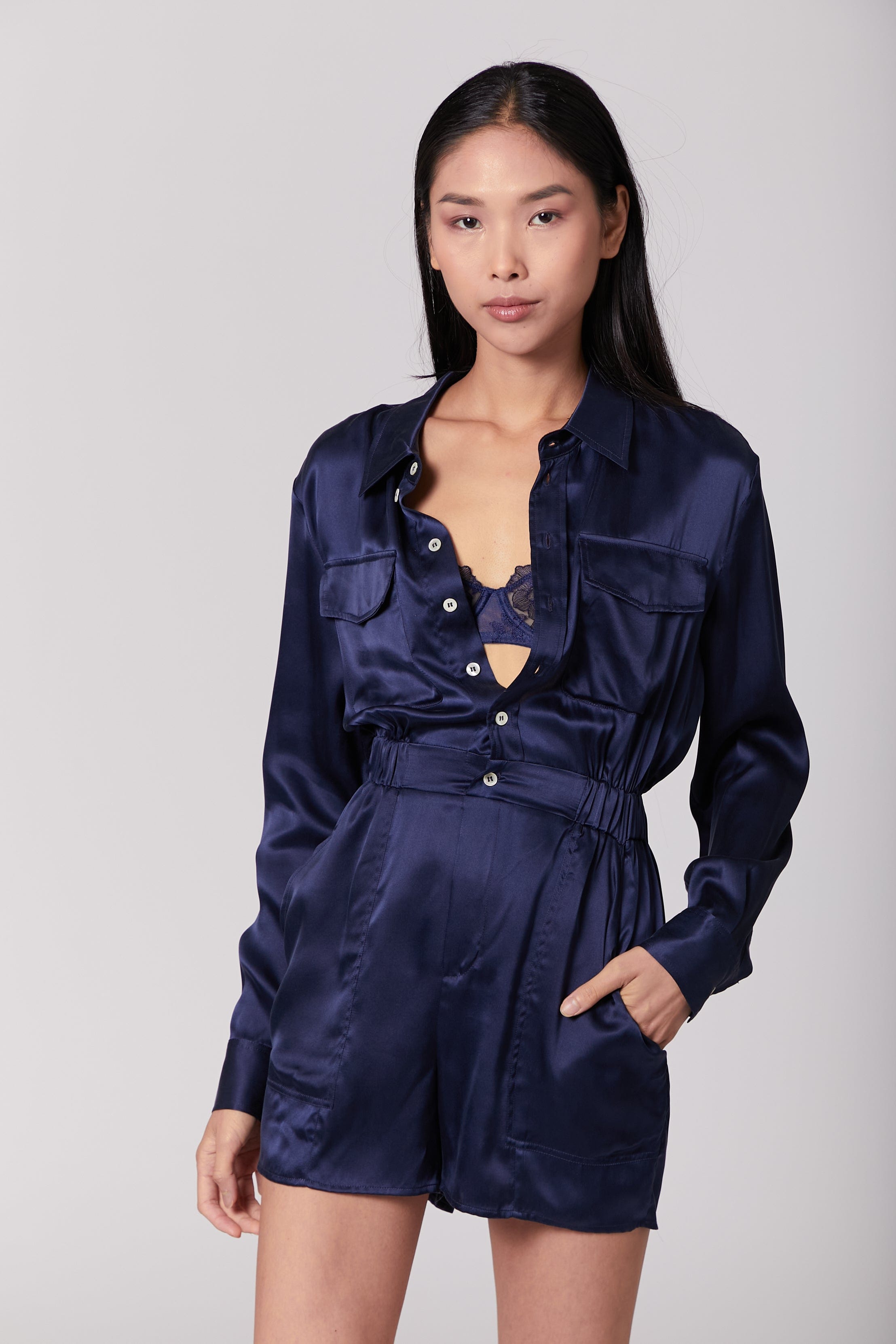 Anaphe Jumpsuit Utility Silk Romper Jumpsuit Short - French Navy Blue