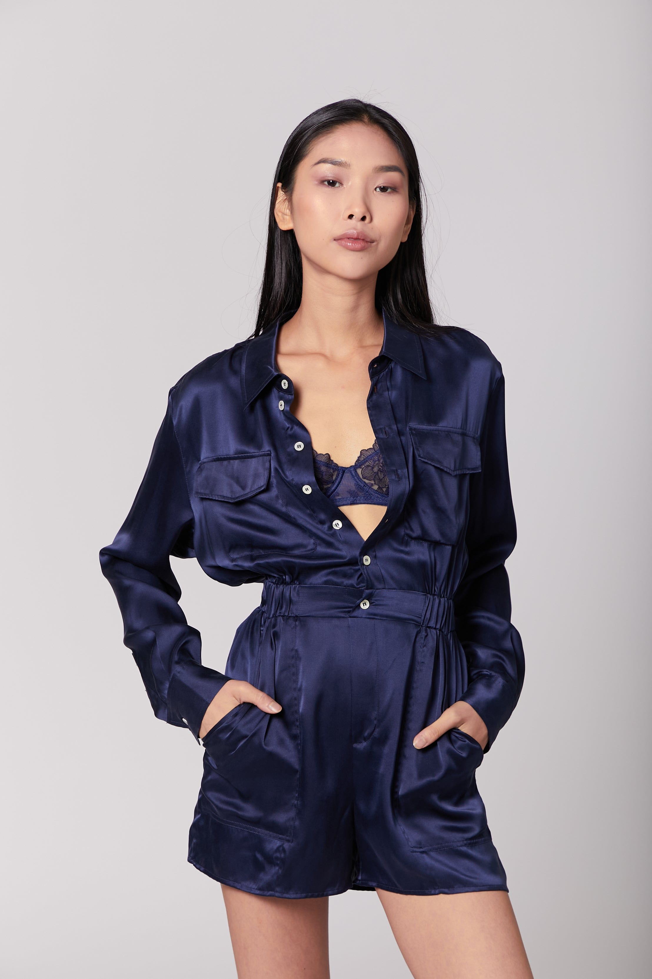 Anaphe Jumpsuit Utility Silk Romper Jumpsuit Short - French Navy Blue