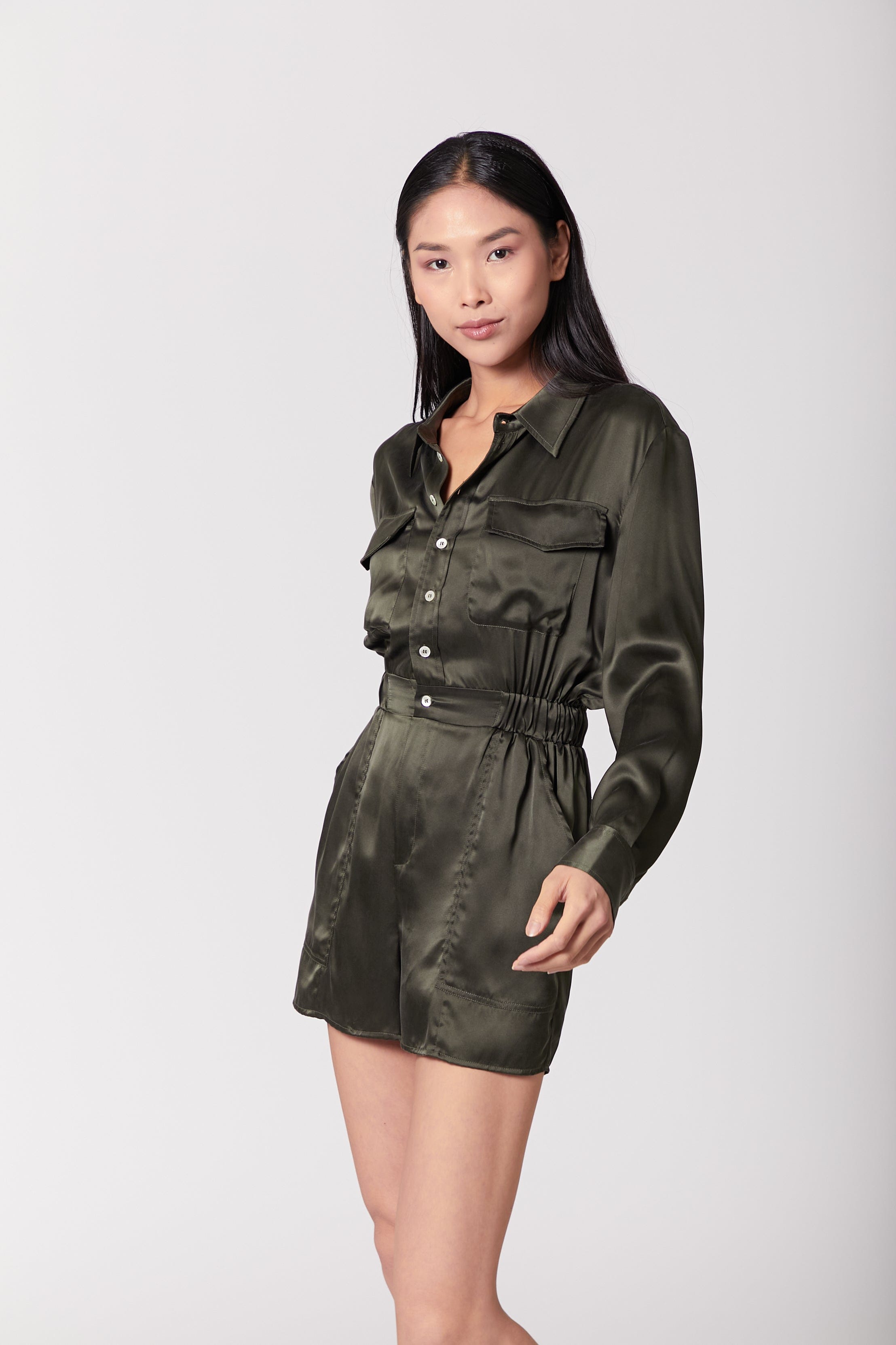 Anaphe Jumpsuit Utility Silk Romper Jumpsuit Short - Olive Green