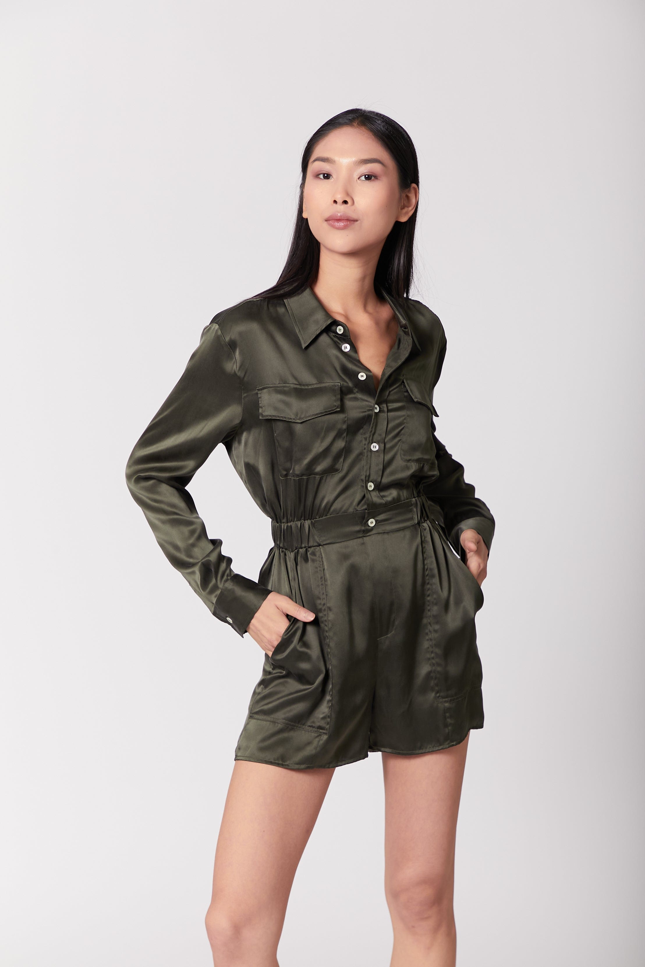 Anaphe Jumpsuit Utility Silk Romper Jumpsuit Short - Olive Green