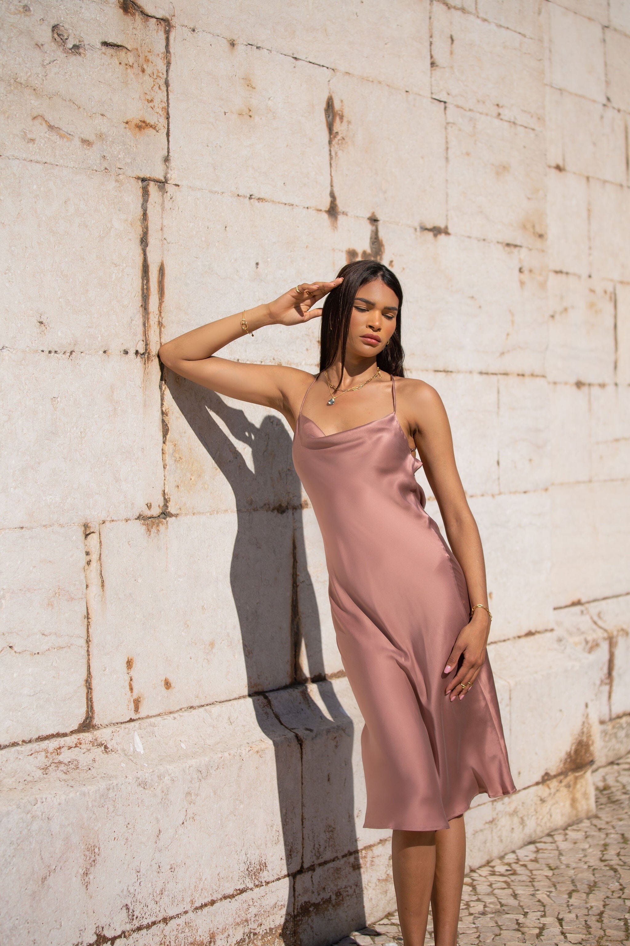 Anaphe Long Cowl Dress Icon Silk Slip Dress - Rosewood