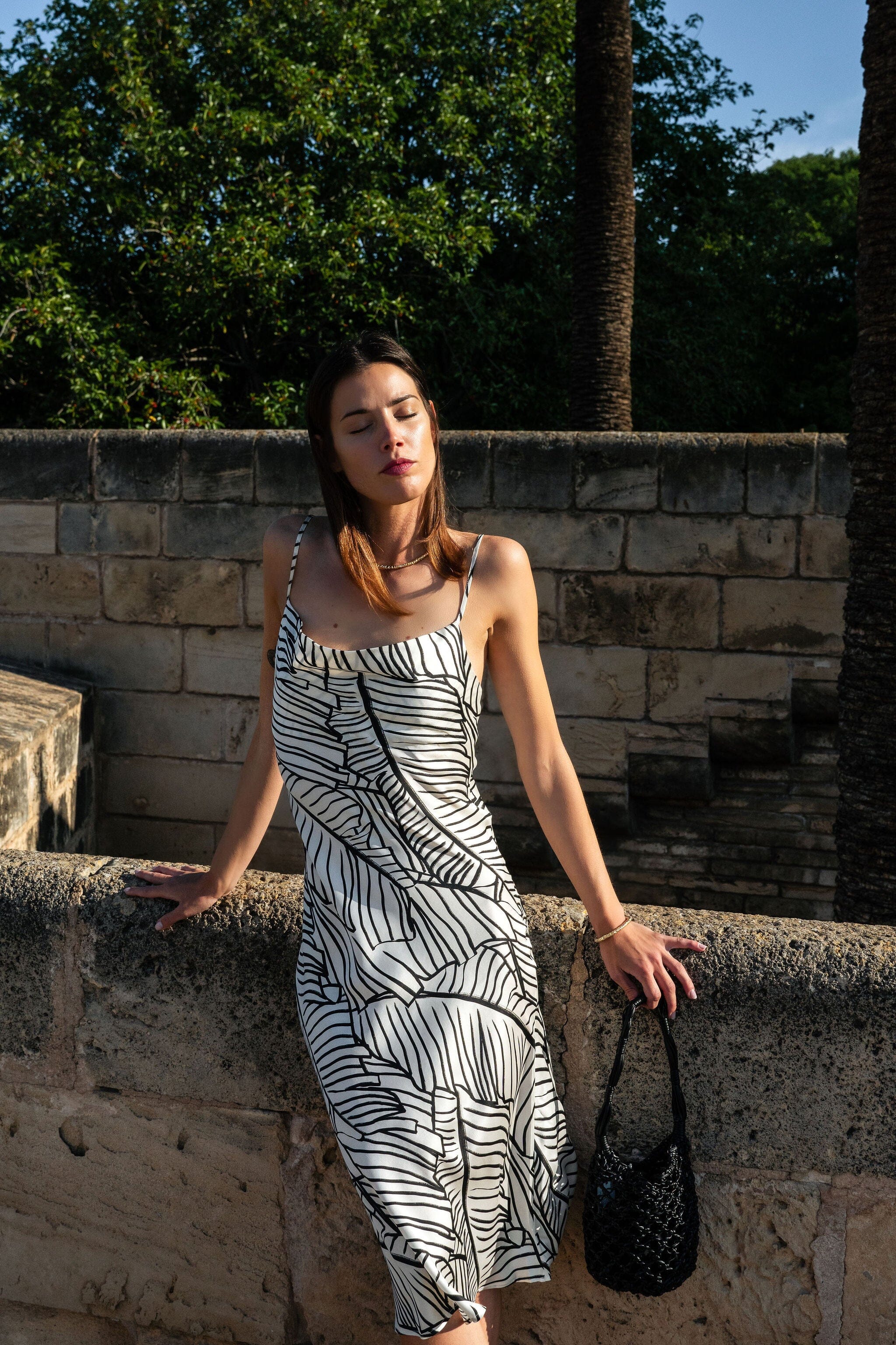 Anaphe Long Cowl Dress Silhouette Silk Cowl Slip Dress - Palm Print