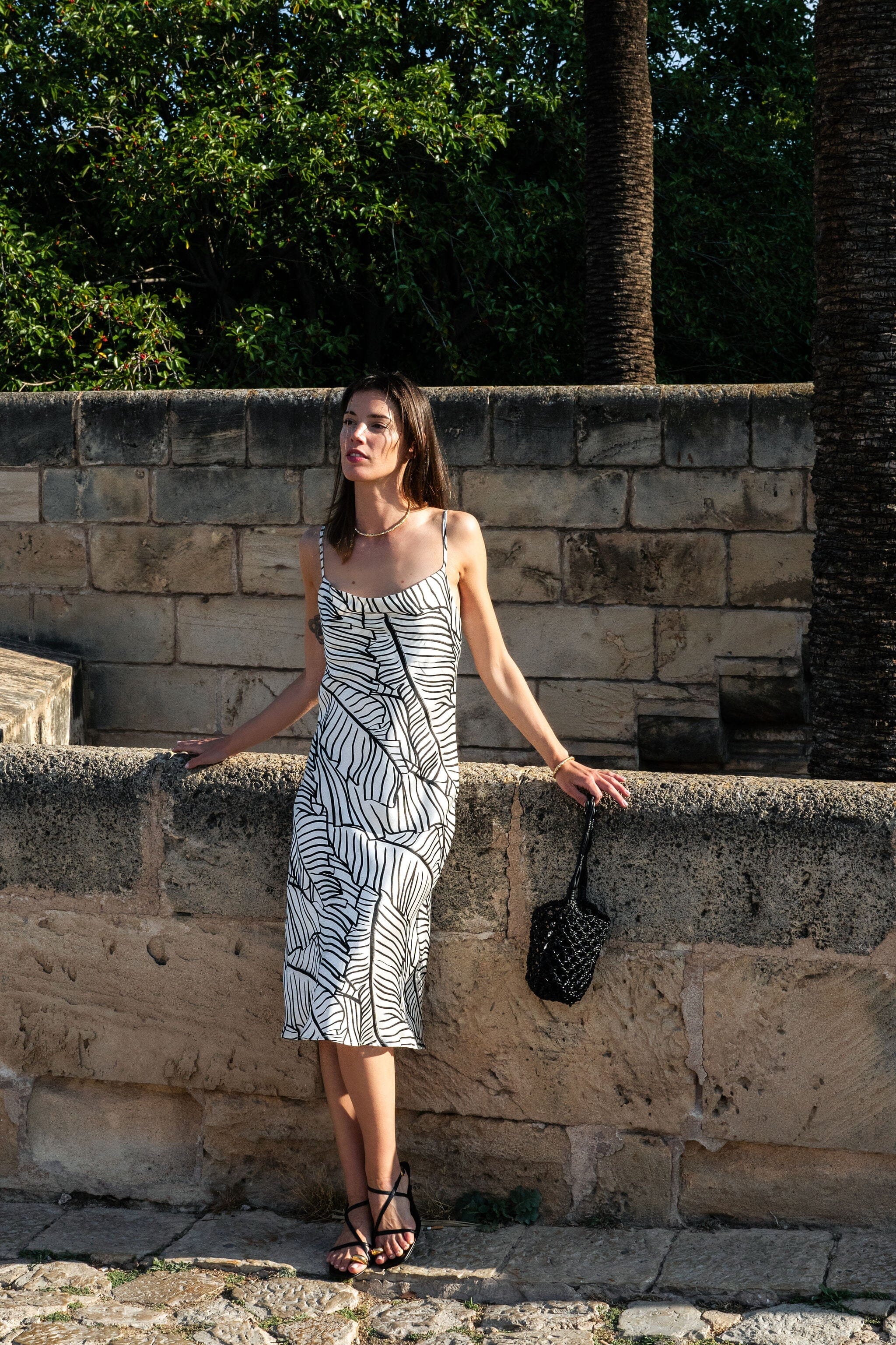 Anaphe Long Cowl Dress Silhouette Silk Cowl Slip Dress - Palm Print