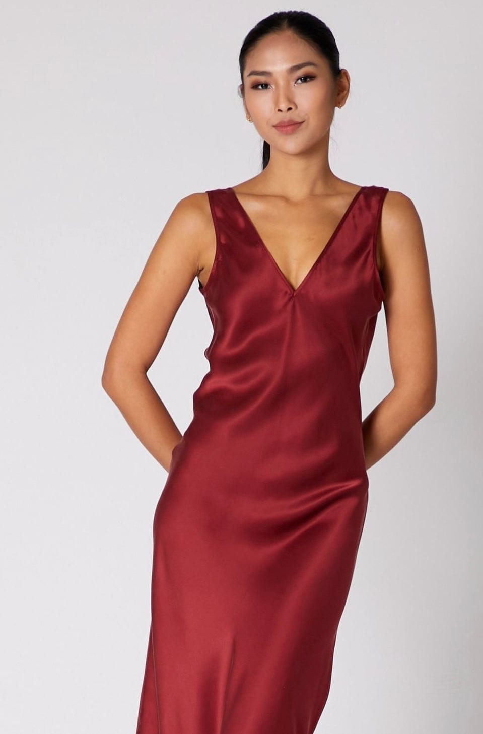 Anaphe Long Dress Deep V Reversible Silk Slip Dress - Red Wine