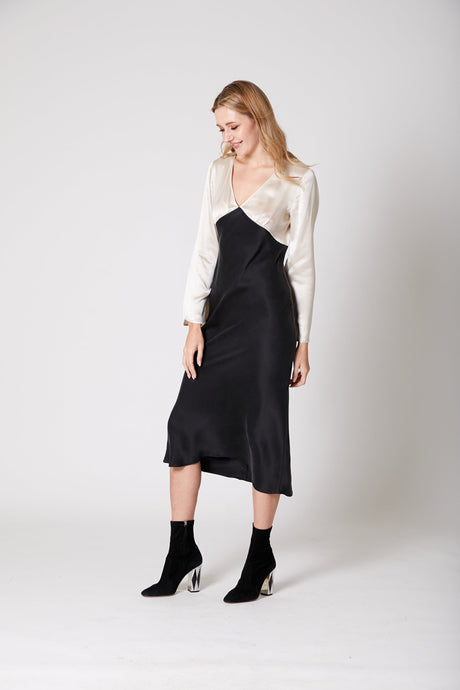 Anaphe Long Dress L Mood Silk Bias Cut Long Sleeve Dress - Classic Black & Sand