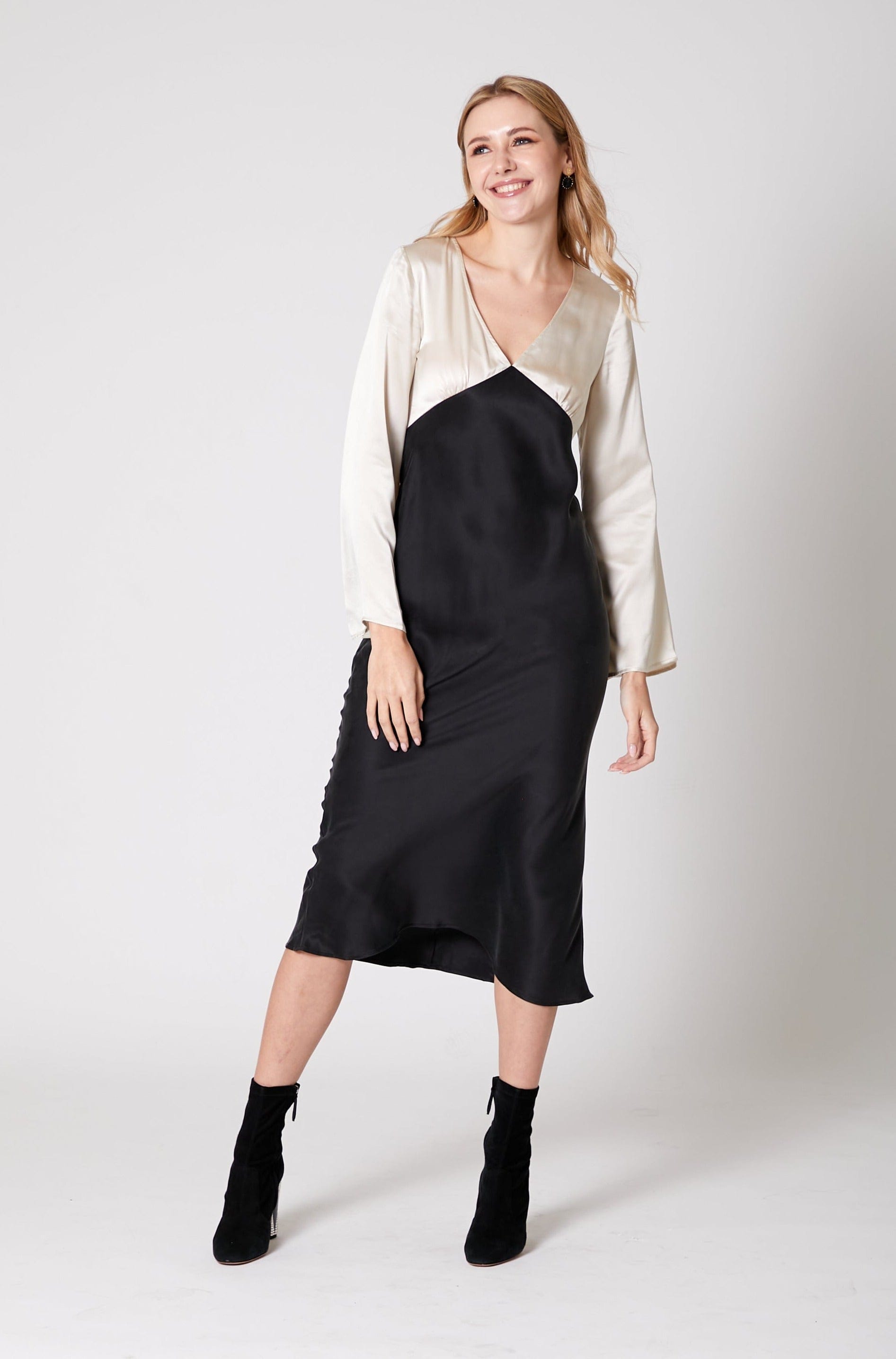 Anaphe Long Dress M Mood Silk Bias Cut Long Sleeve Dress - Classic Black & Sand