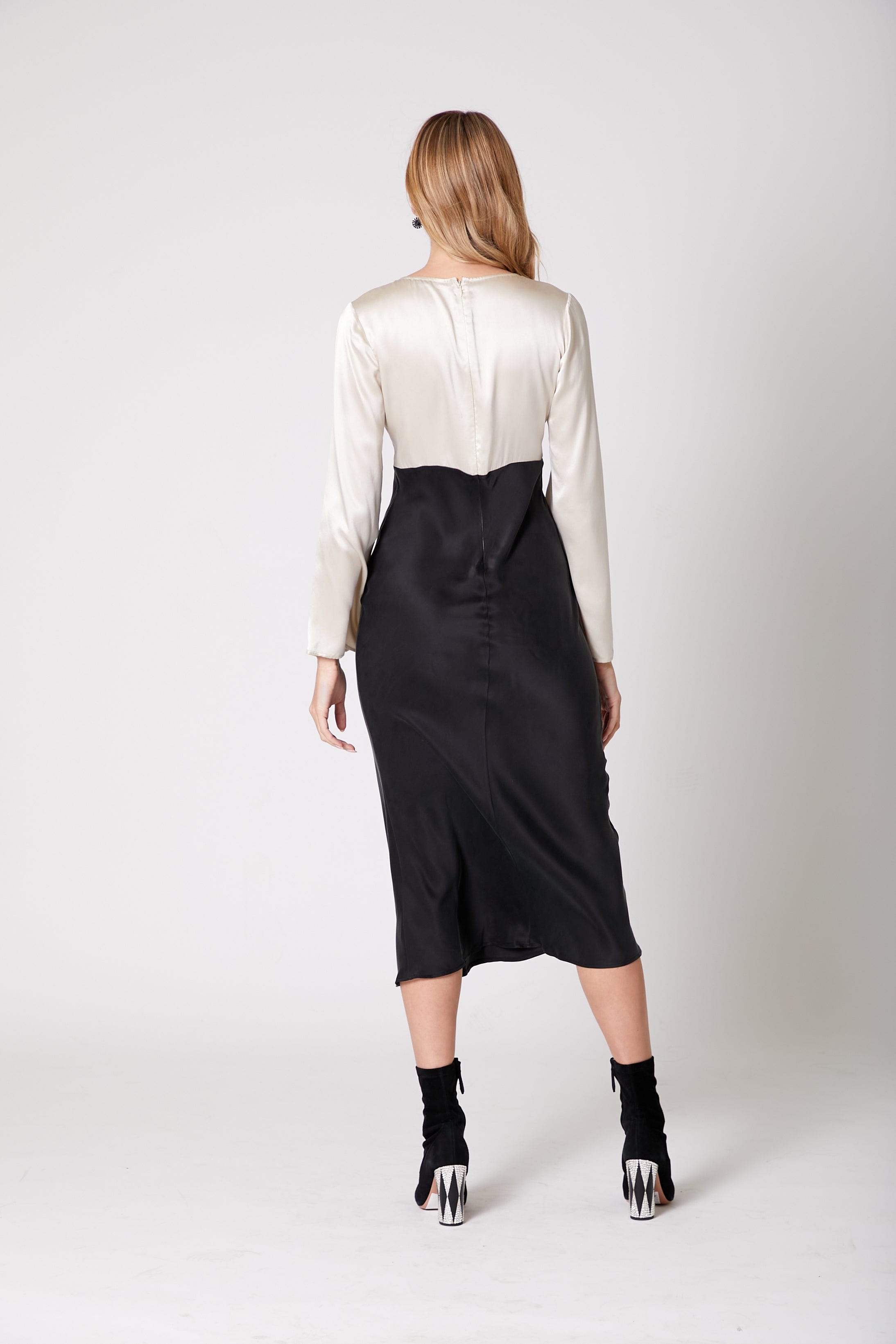 Anaphe Long Dress Mood Silk Bias Cut Long Sleeve Dress - Classic Black & Sand