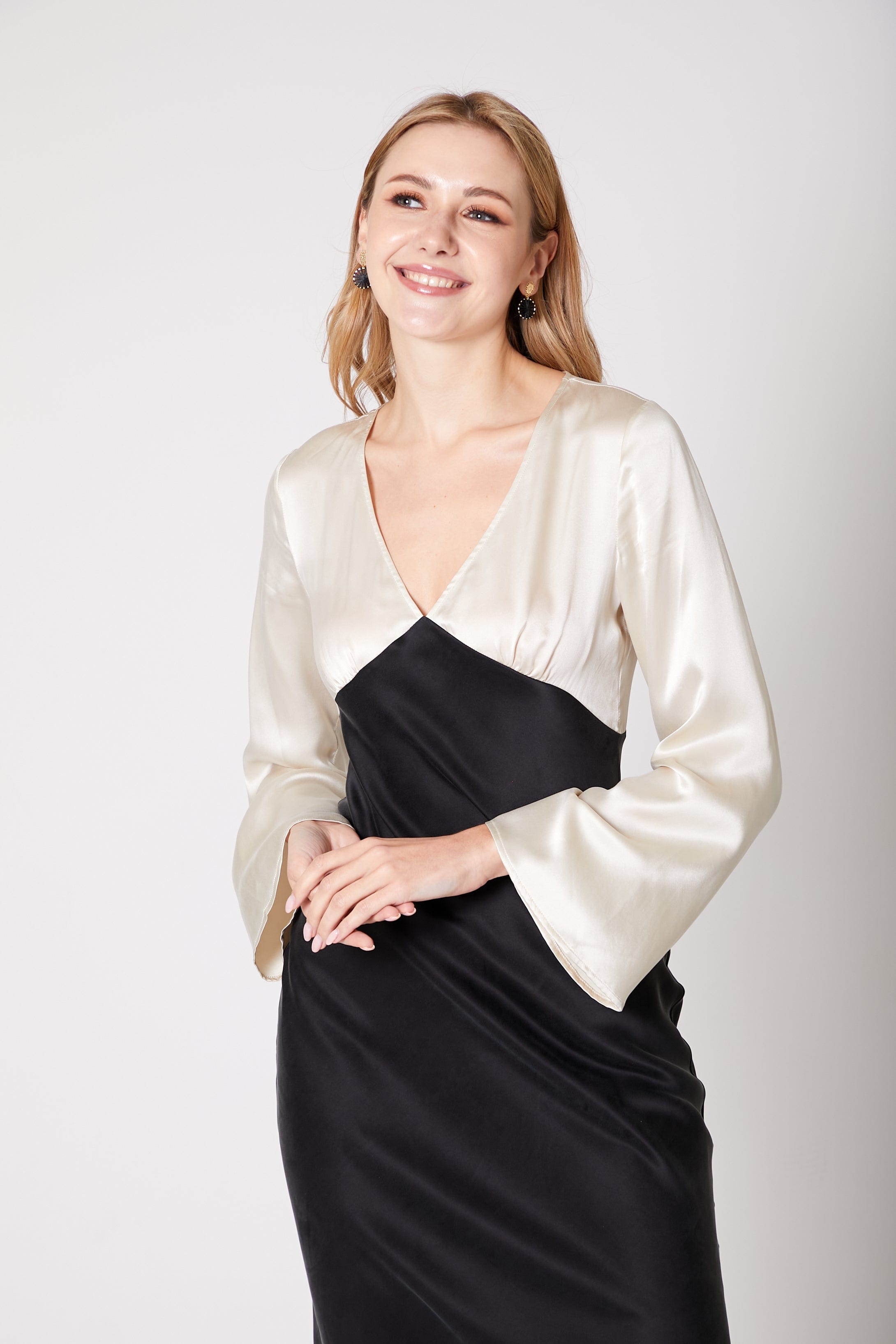 Anaphe Long Dress Mood Silk Bias Cut Long Sleeve Dress - Classic Black & Sand