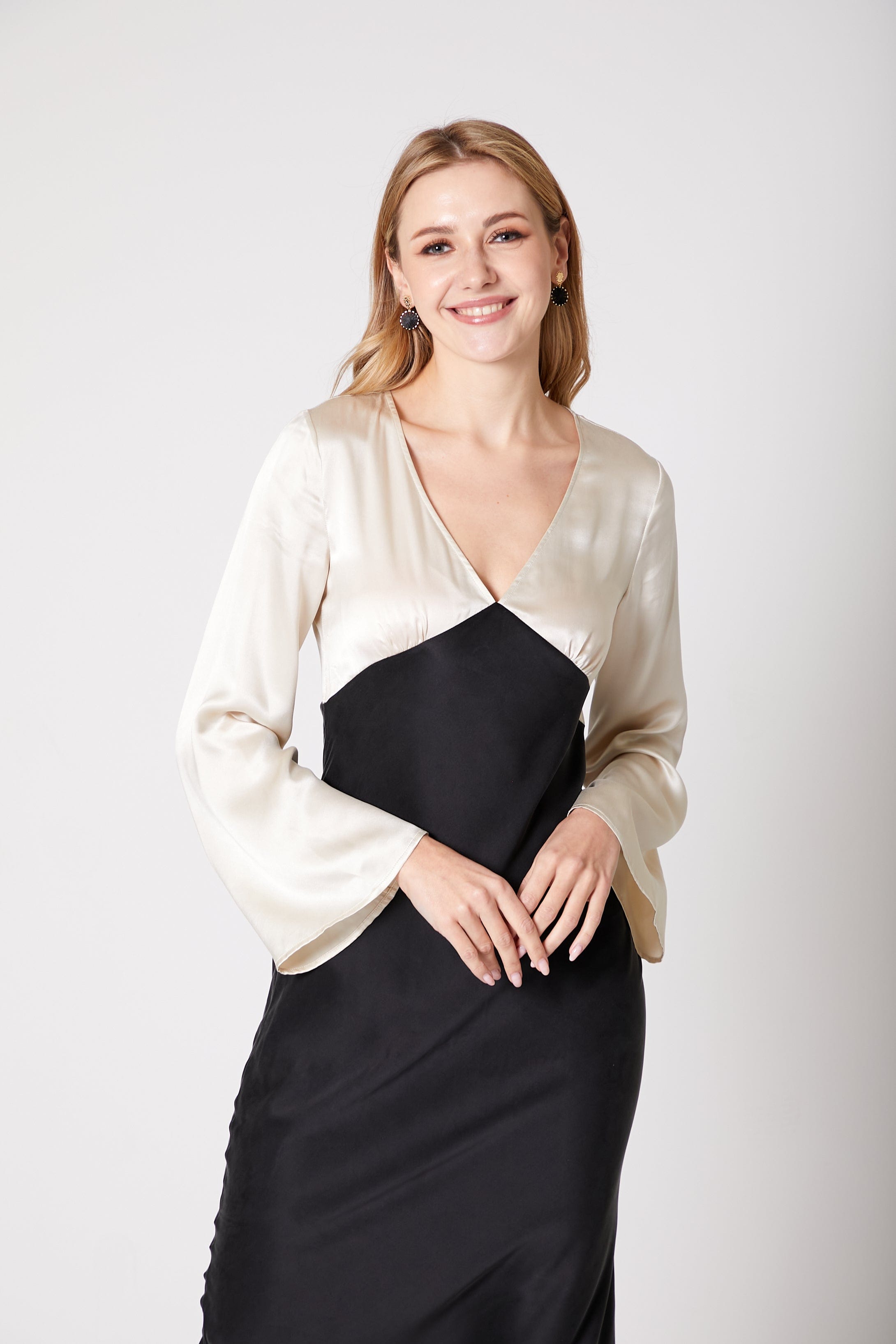 Anaphe Long Dress Mood Silk Bias Cut Long Sleeve Dress - Classic Black & Sand