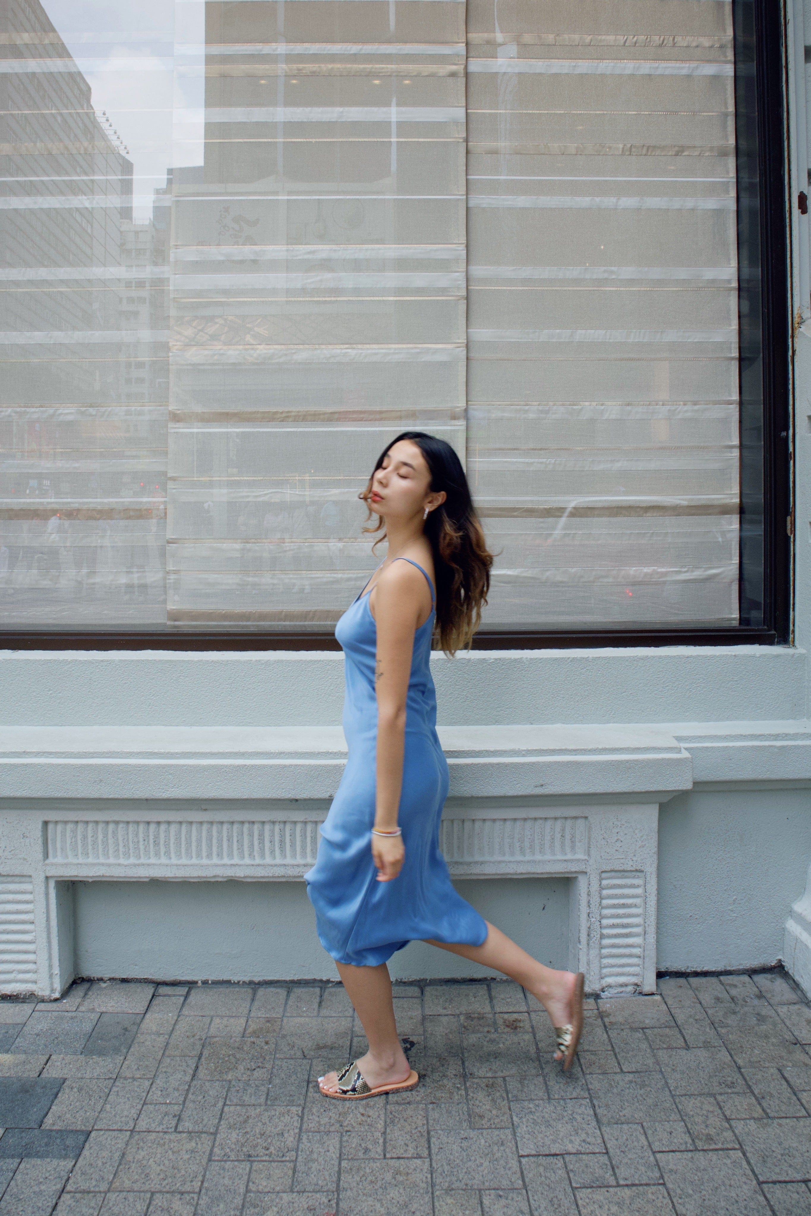 Anaphe Long Dress V Silk Slip Dress - Denim Blue
