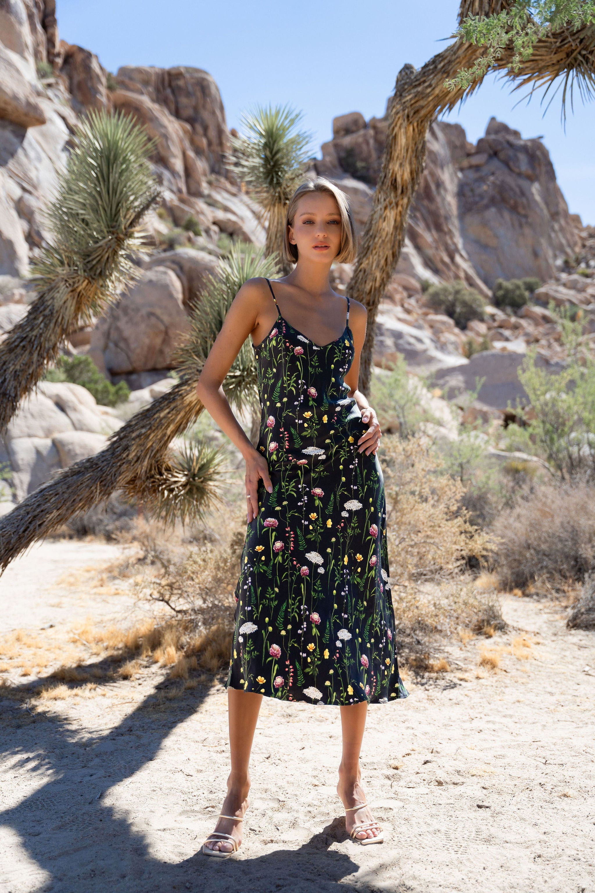 Anaphe Long Dress V Silk Slip Dress - Enchanted Print