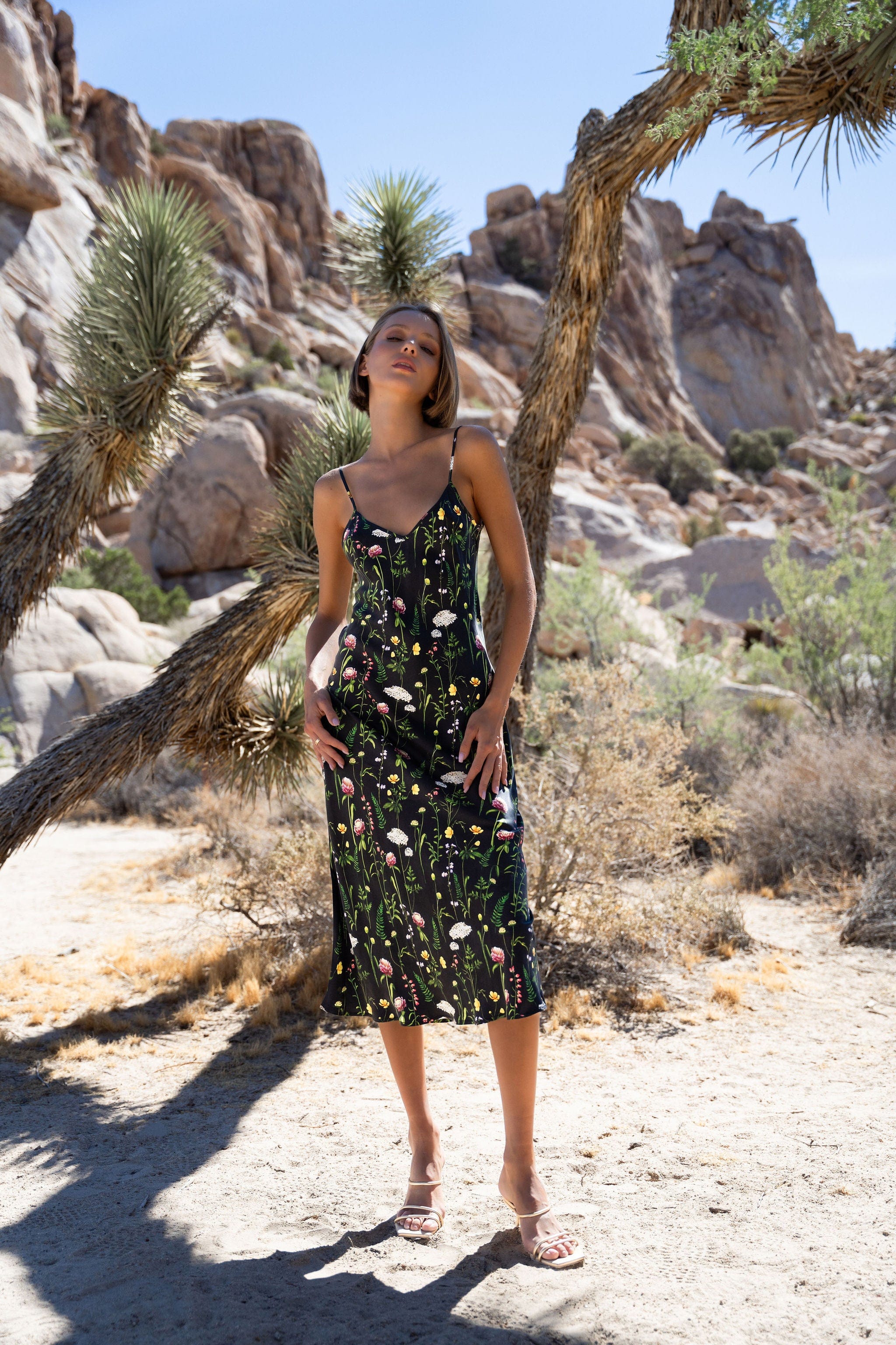 Anaphe Long Dress V Silk Slip Dress - Enchanted Print