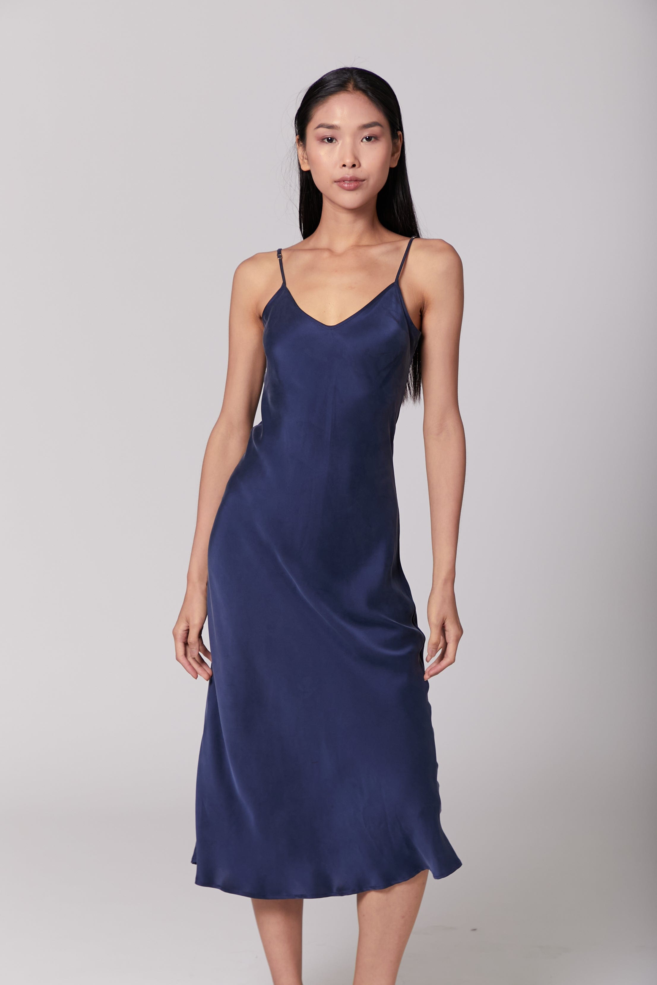 Anaphe Long Dress V Silk Slip Dress - French Navy Blue