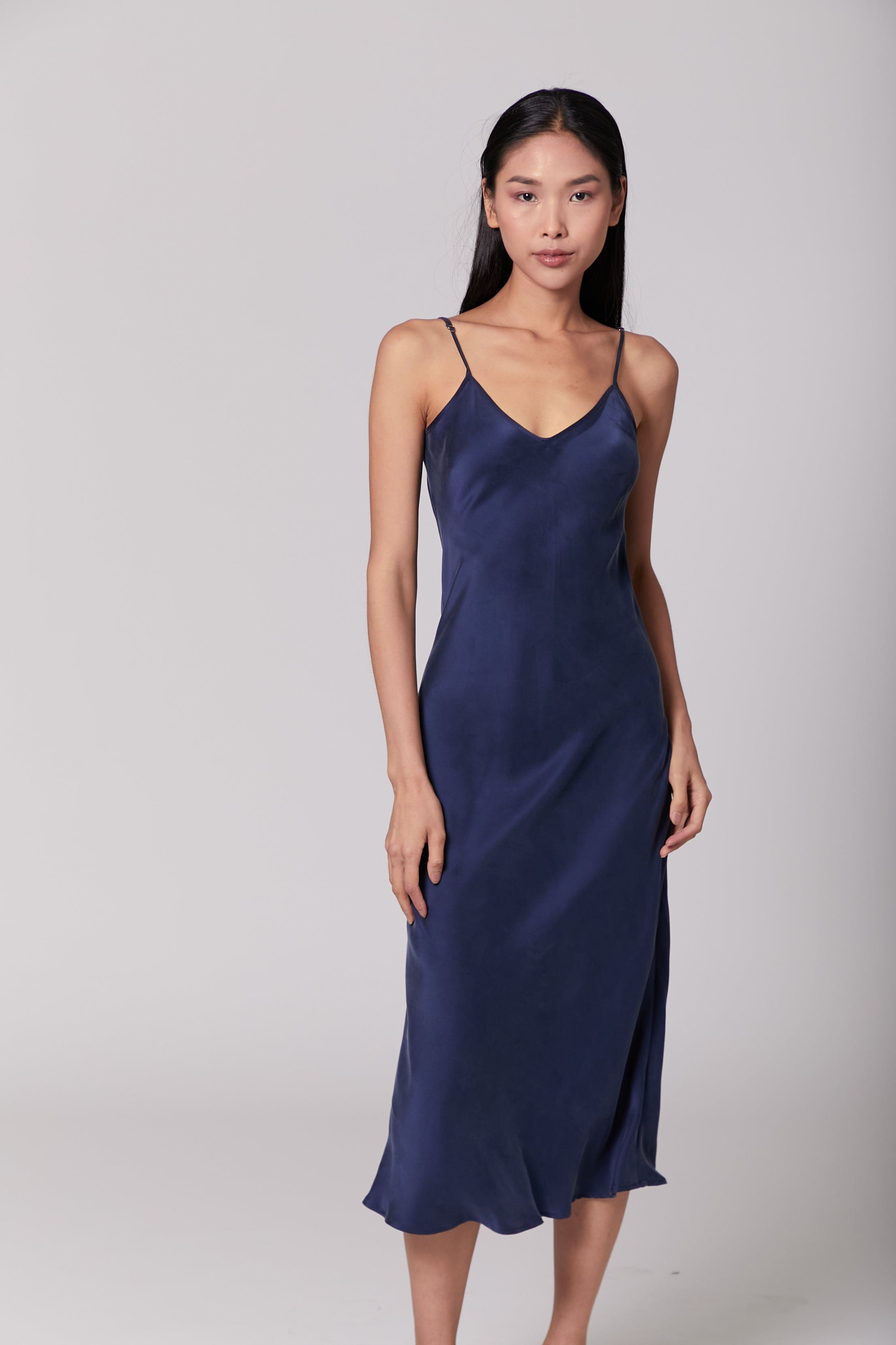 Anaphe Long Dress V Silk Slip Dress - French Navy Blue