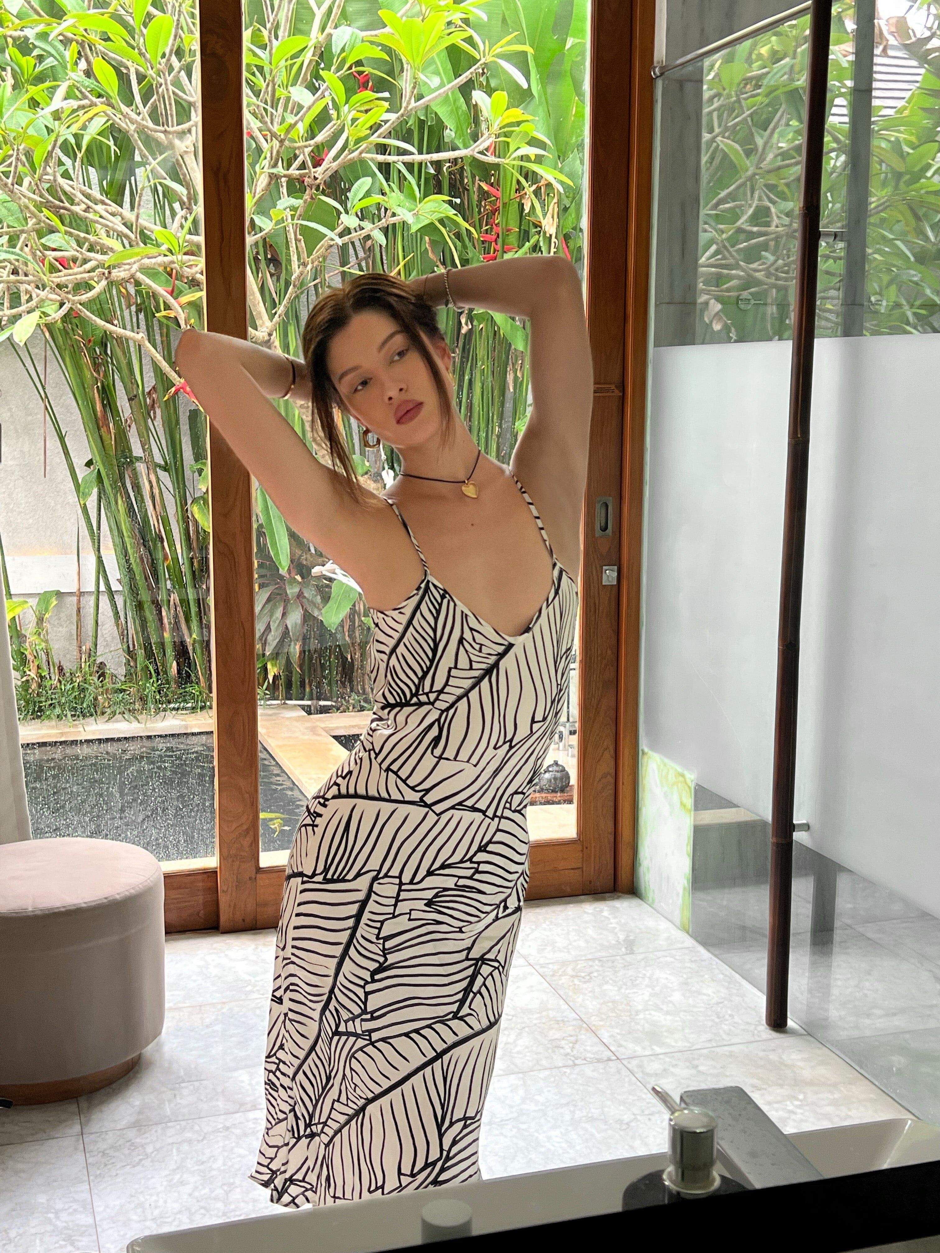 Anaphe Long Dress V Silk Slip Dress - Palm Print